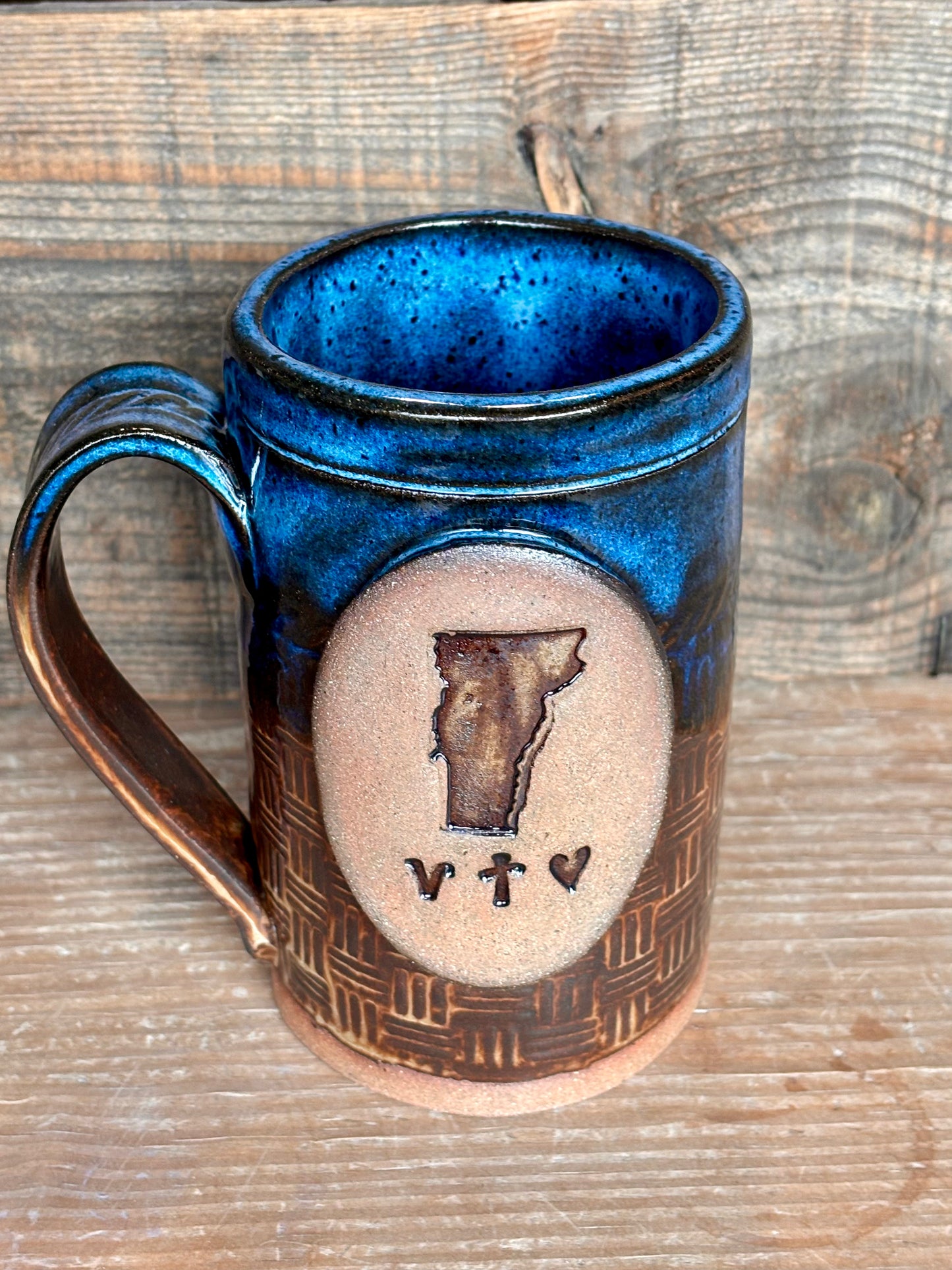 Vermont Love Mug ~ 14 oz~ River Blue & Brown Glaze