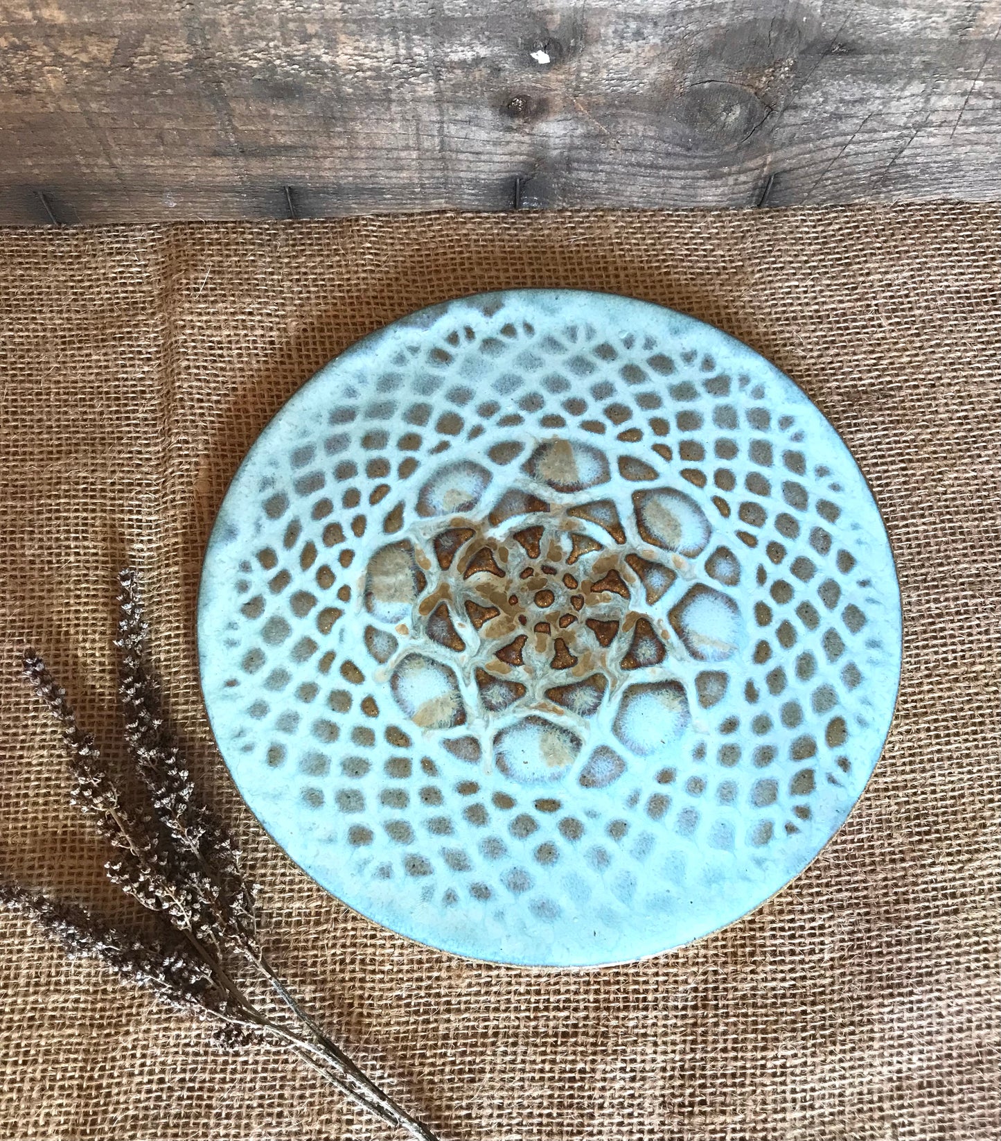 Rustic Antique Doily Trivet Turquoise and Brown ~ 7.5” Round