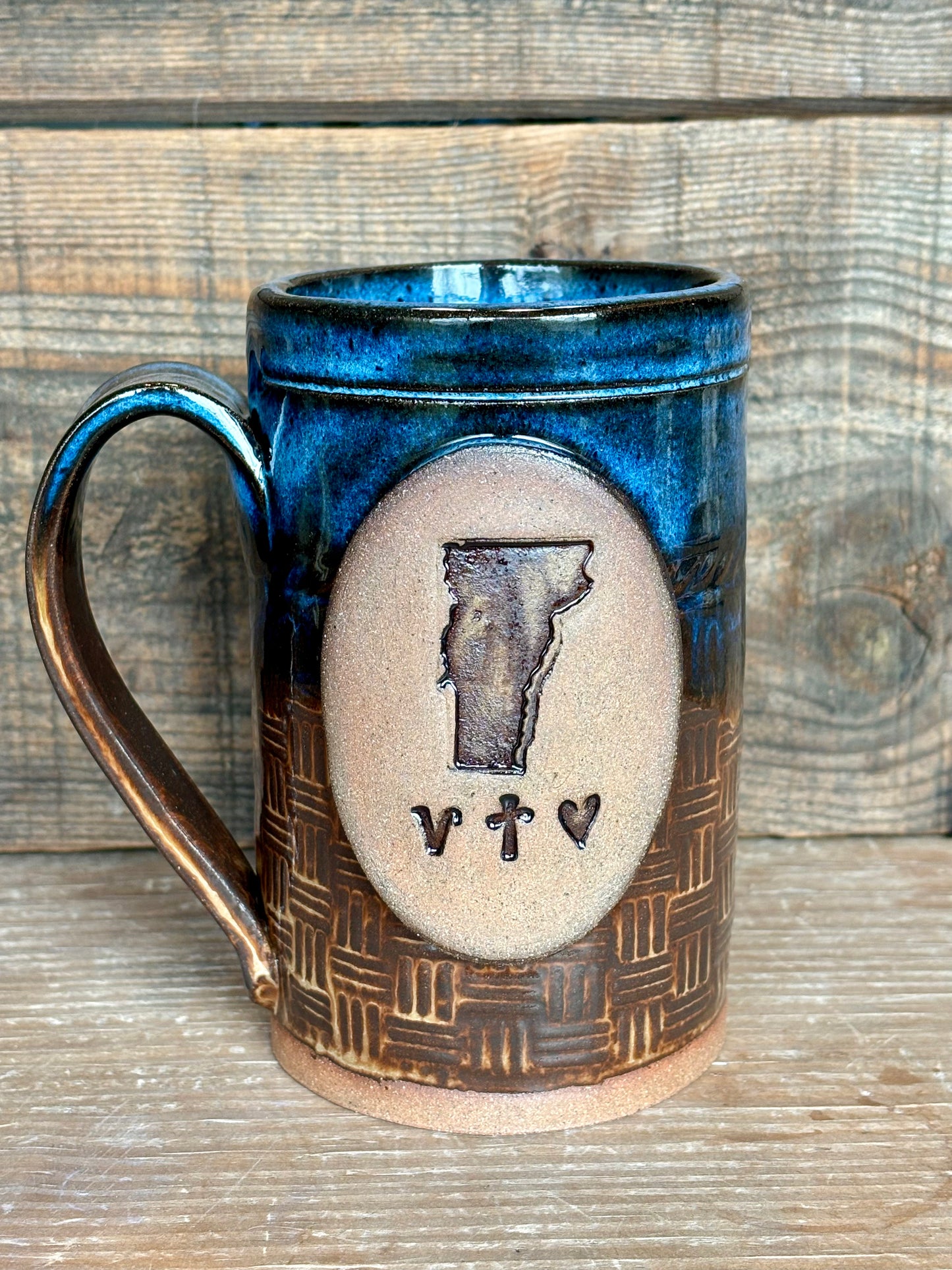 Vermont Love Mug ~ 14 oz~ River Blue & Brown Glaze