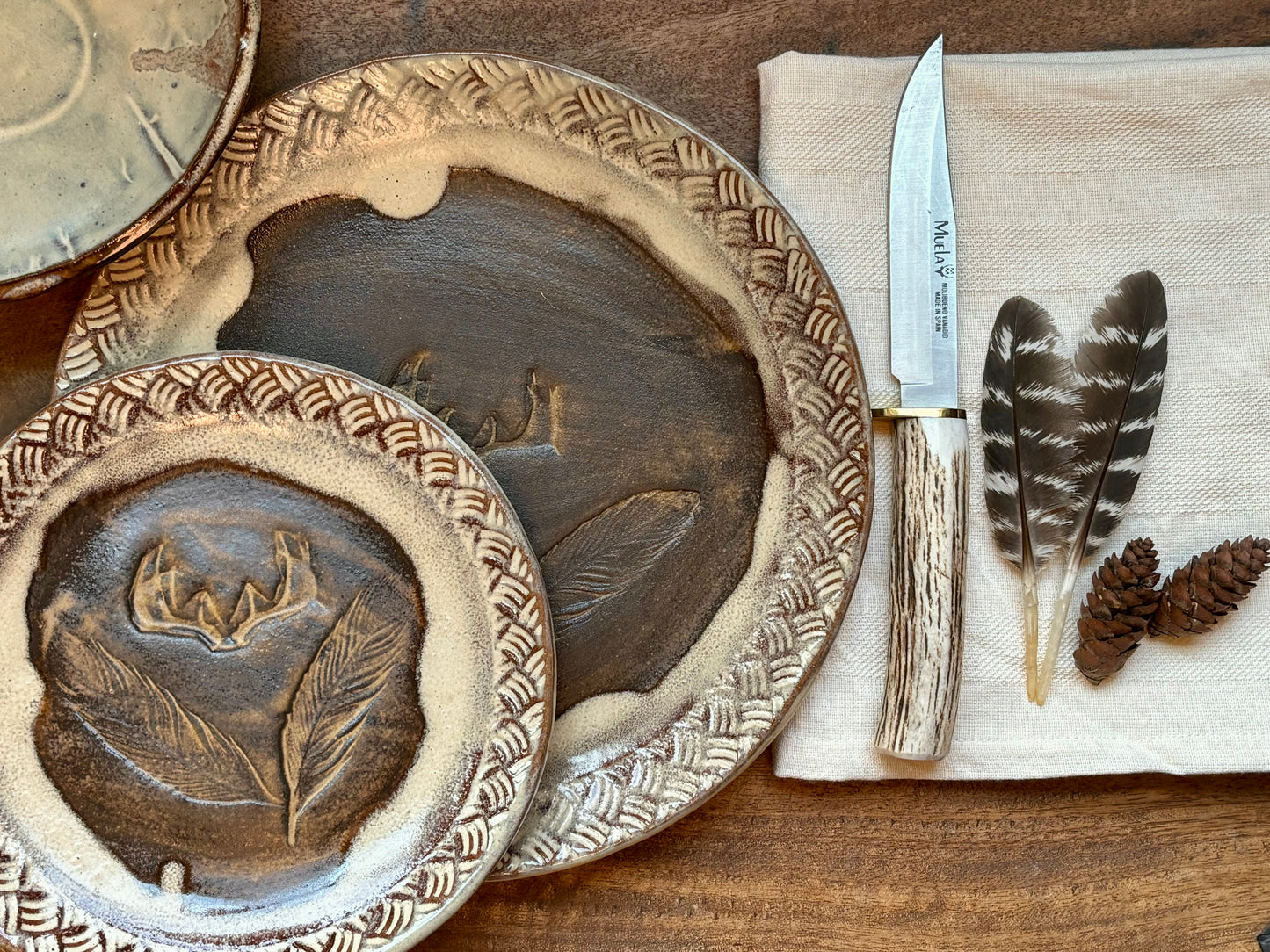 Rustic Antler & Feather Dinnerware ~ Dinner Plate/Lunch Plate/Bowl ~ Birch & Matte Brown