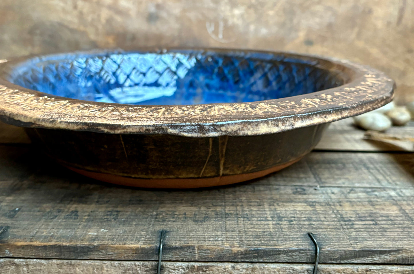 Rustic Sun & Thunderbird Serving & Baking Bowl ~ 12” Diameter ~ 2.5” Depth~ River Blue & Brown