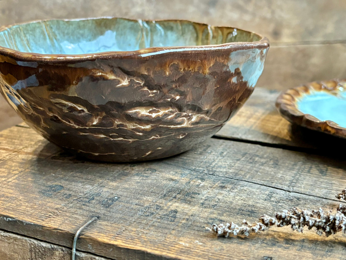 Rustic Wild Grasses Lunch Set ~ Sandwich Plate & Bowl ~ Turquoise & Brown Glaze