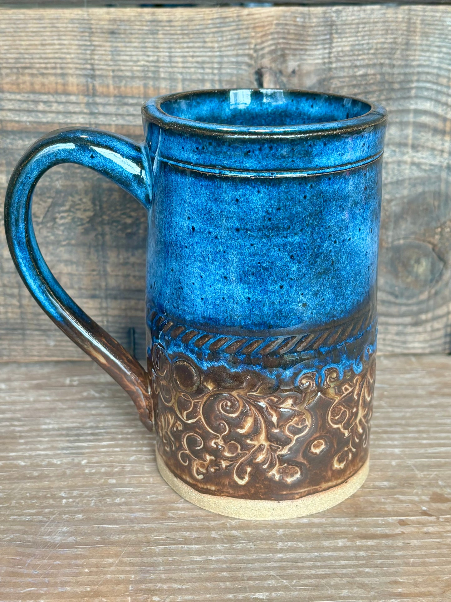 Rustic Floral Mug ~ 14 oz~ River Blue & Brown Glaze