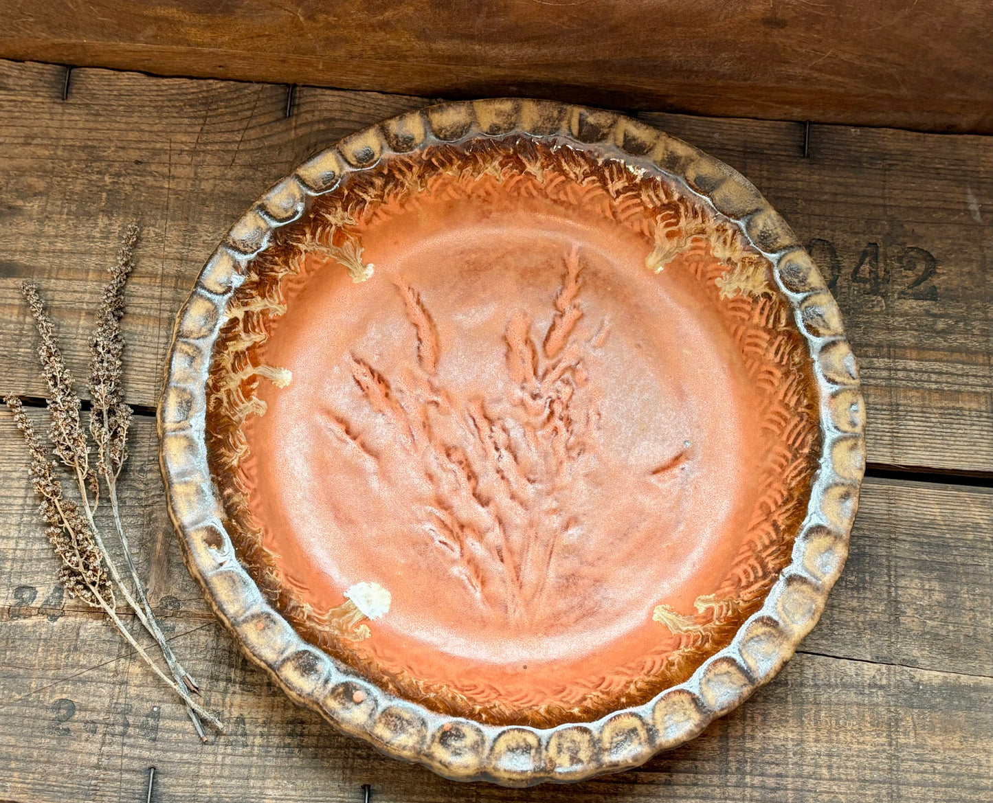 Rustic Wild Grasses & Basketweave Pie Dish ~ 10” ~ Coral, Gold & Brown Glaze