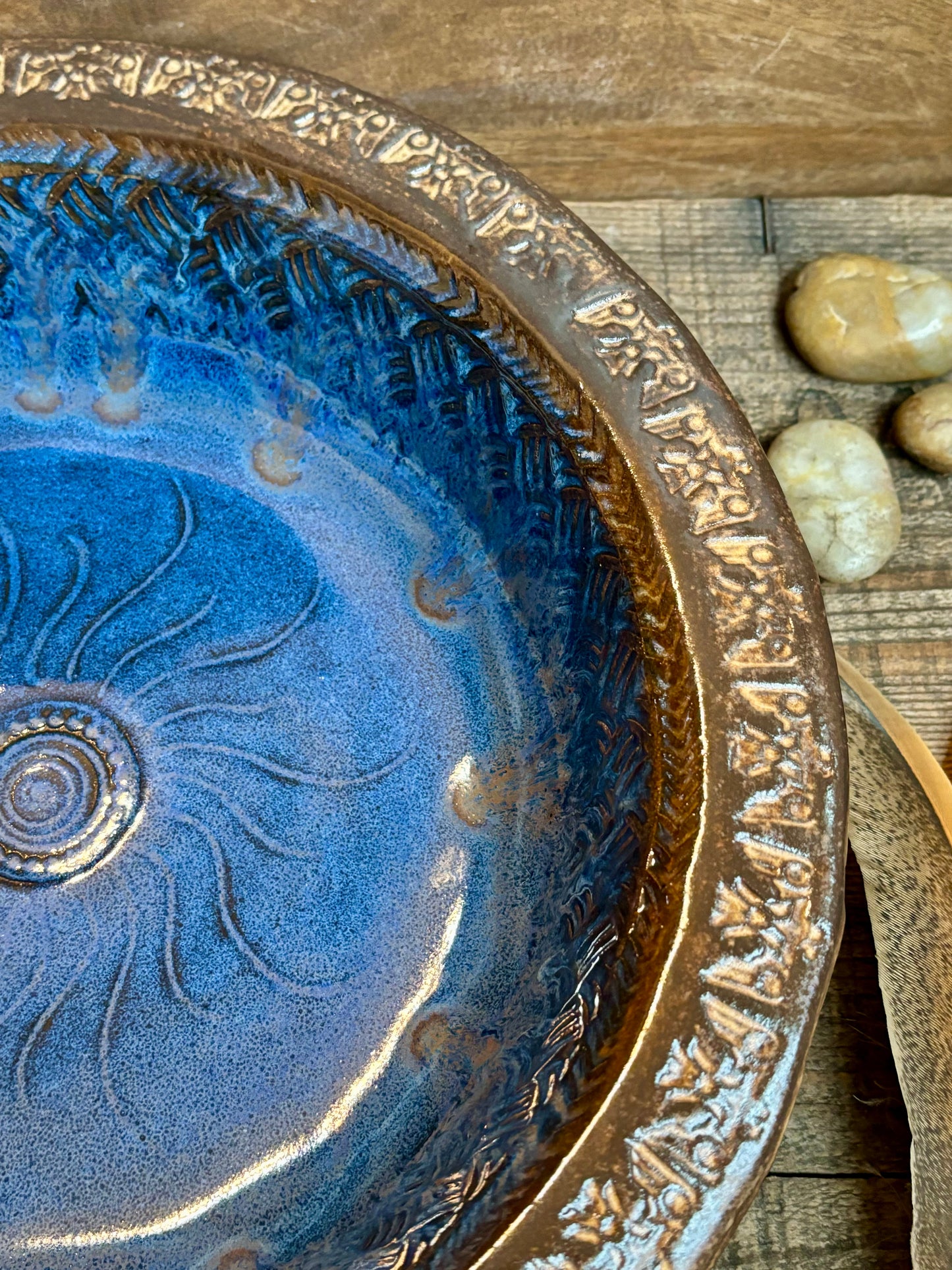 Rustic Sun & Thunderbird Serving & Baking Bowl ~ 12” Diameter ~ 2.5” Depth~ River Blue & Brown