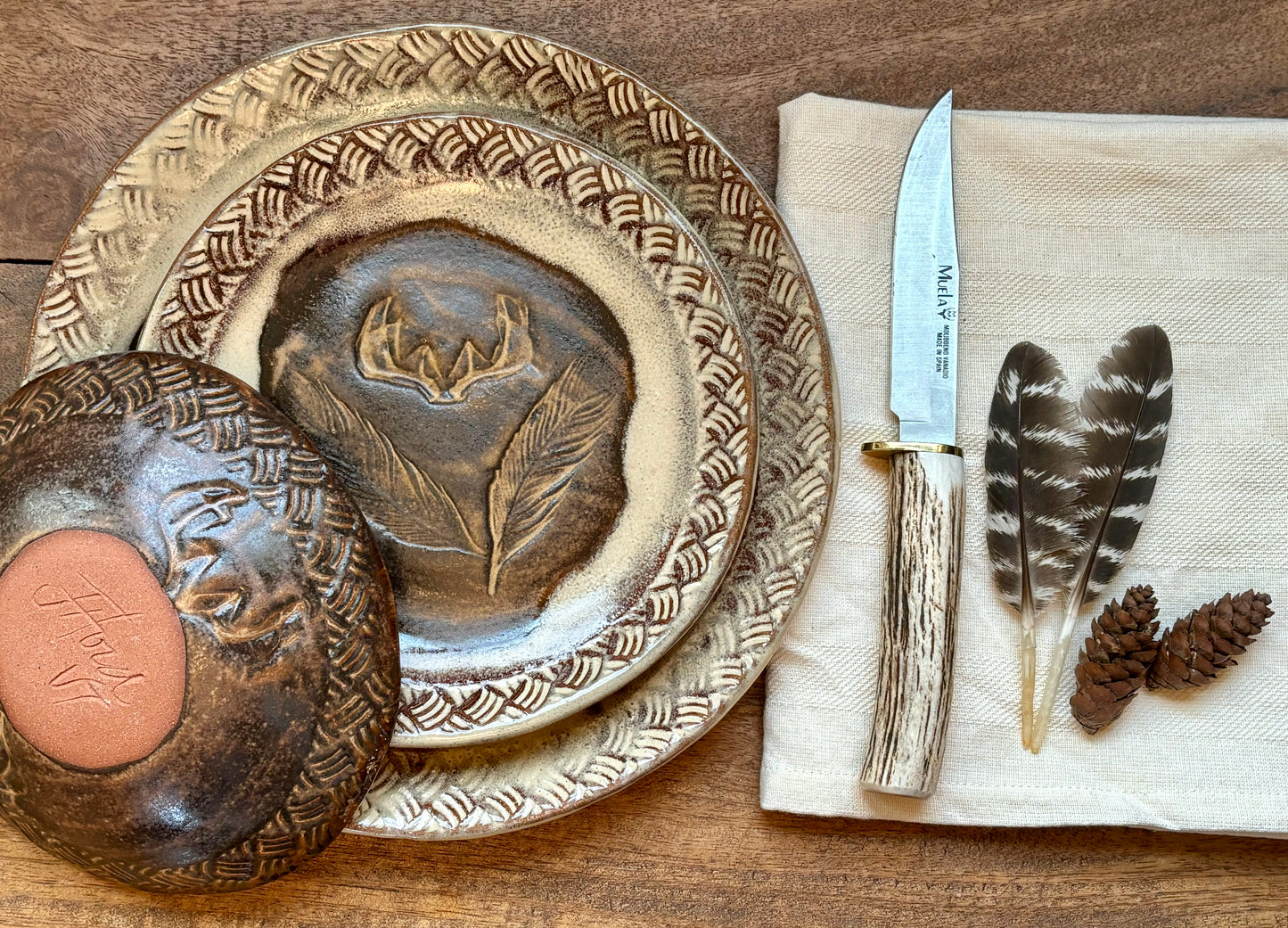 Rustic Antler & Feather Dinnerware ~ Dinner Plate/Lunch Plate/Bowl ~ Birch & Matte Brown