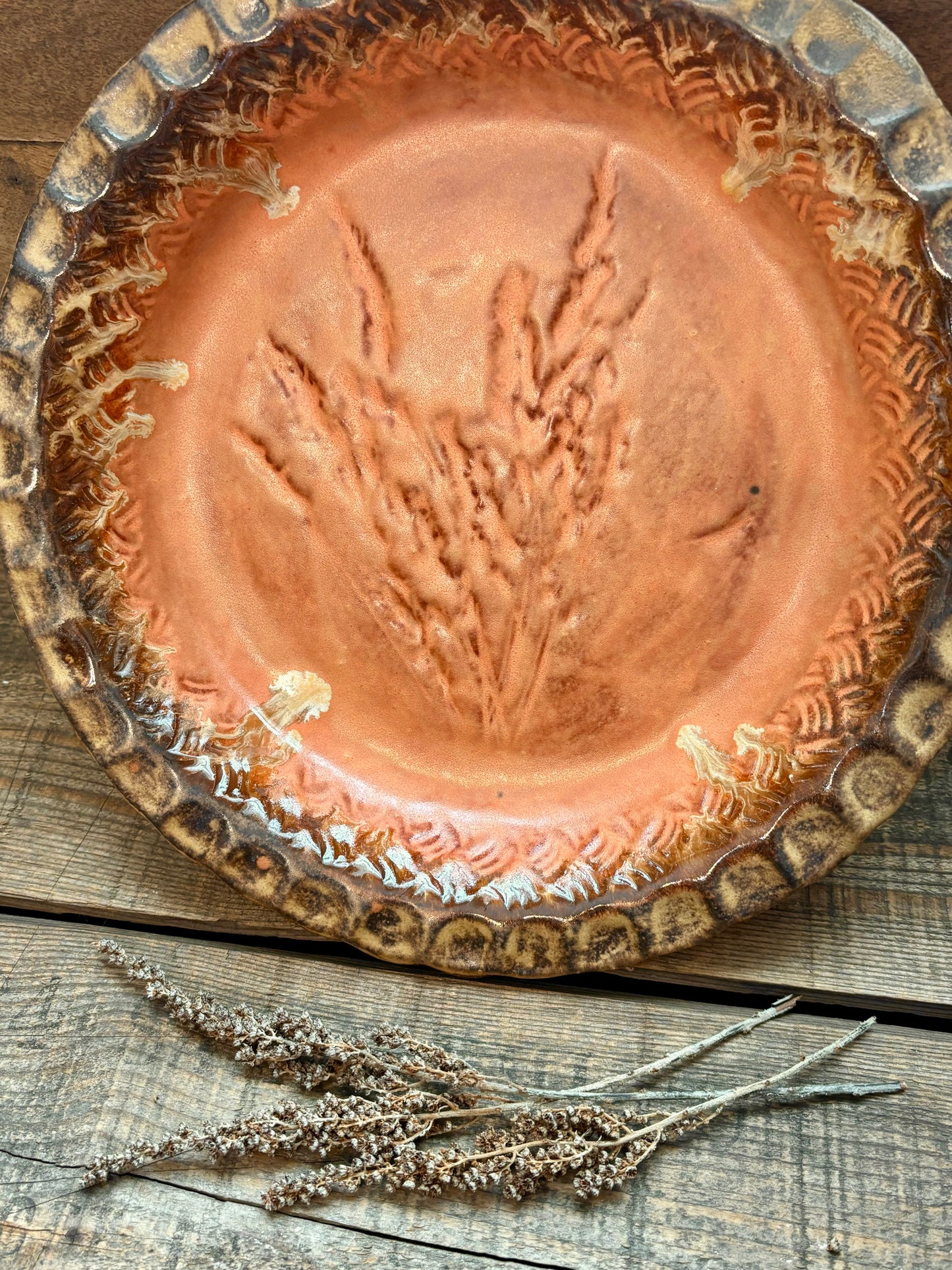 Rustic Wild Grasses & Basketweave Pie Dish ~ 10” ~ Coral, Gold & Brown Glaze