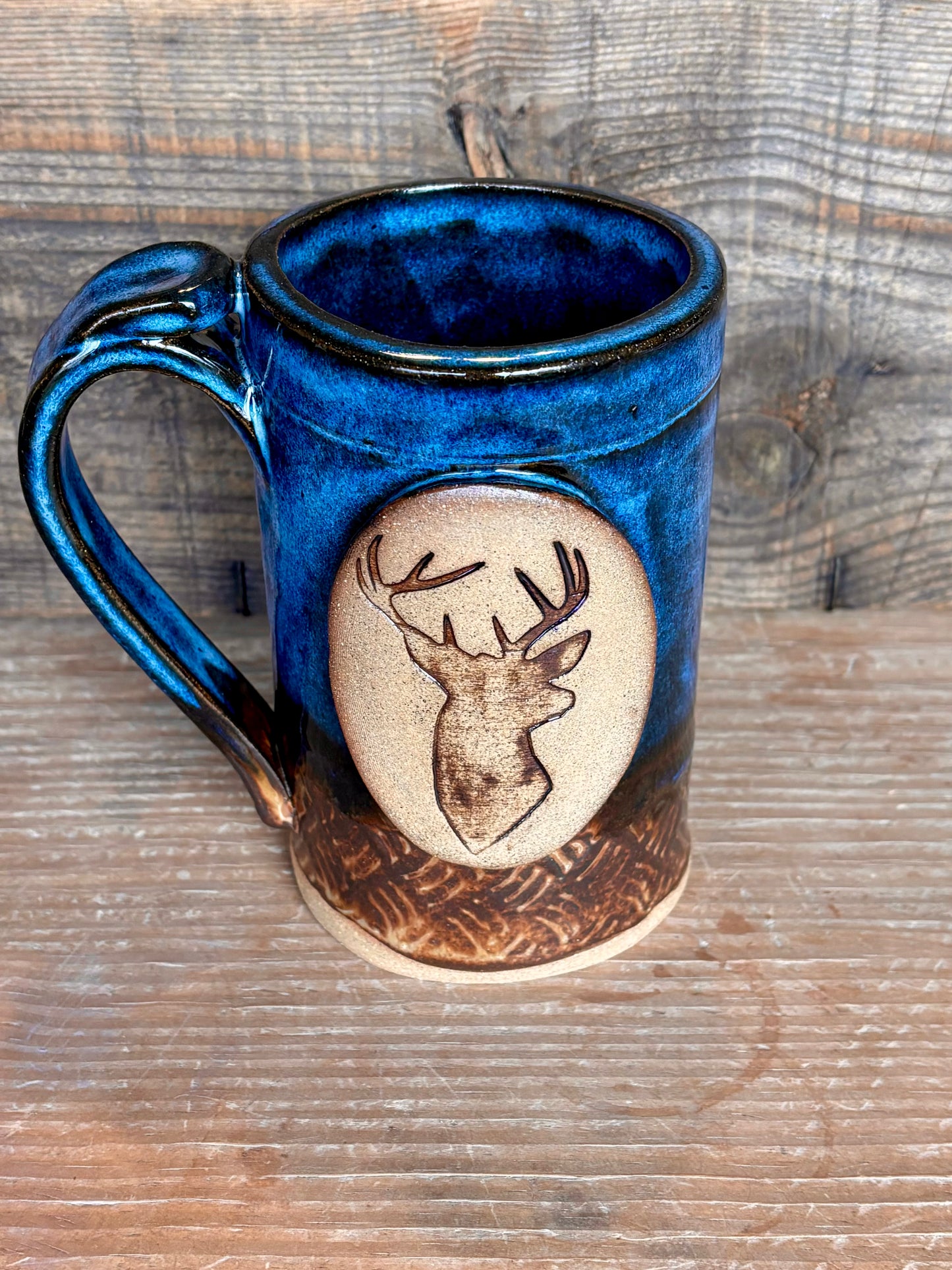 Wild Buck Mug ~ 14 oz~ River Blue & Brown Glaze