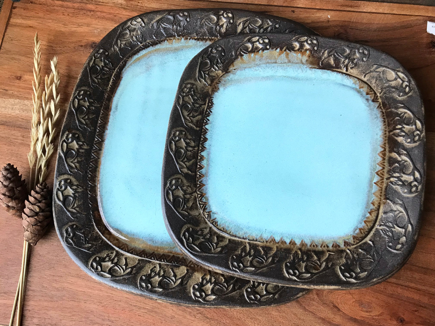 Rustic Wild Buffalo Square Dinner & Salad Plate Set ~ Turquoise & Brown Glaze