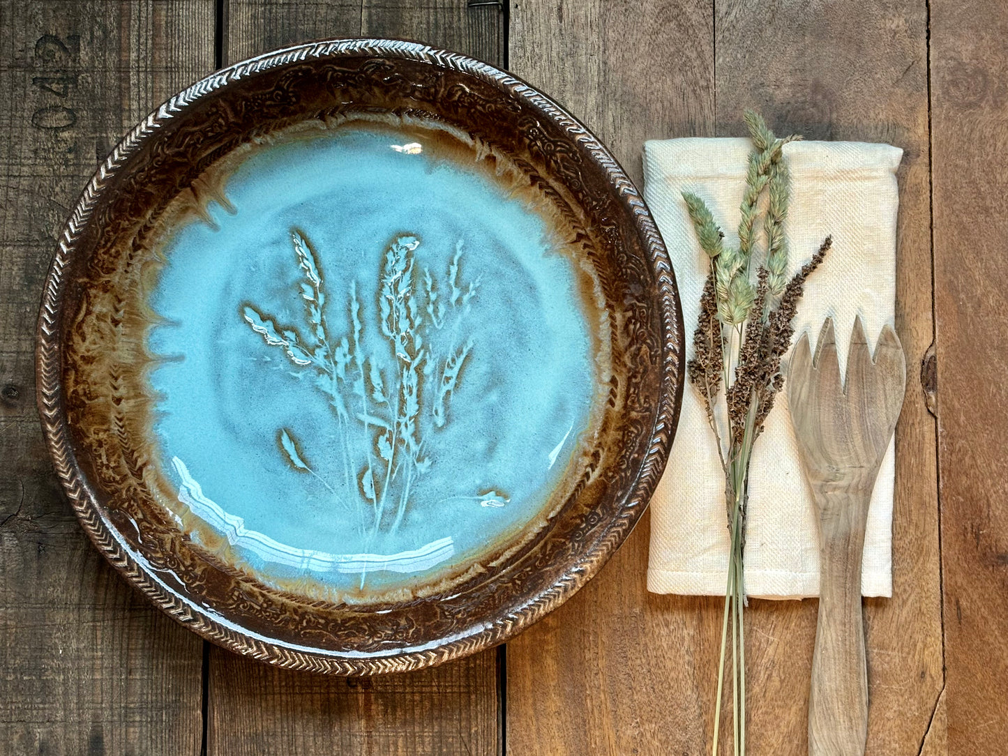 Rustic Wild Mustang & Grasses Serving & Baking Bowl ~ 12.5” Diameter ~ 1.75” Depth~ Turquoise & Brown