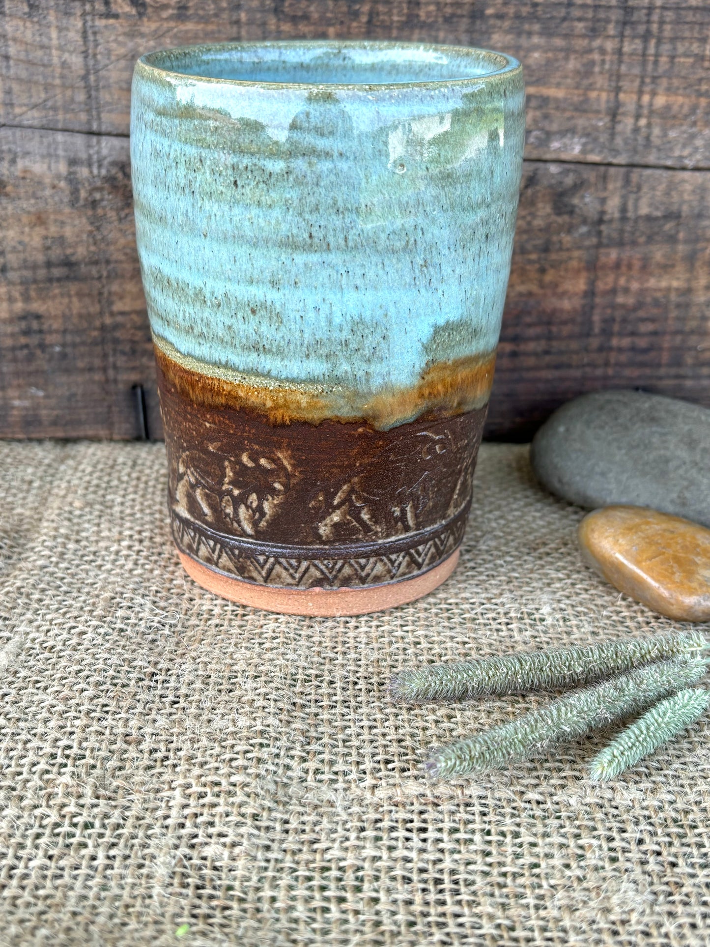 Wild Buffalo Tumbler ~ 8 oz~ Turquoise & Brown Glaze