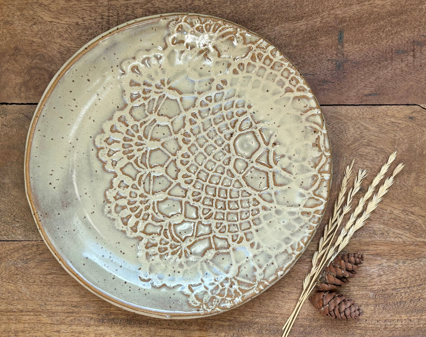 Rustic Antique Doily Dinner Plate ~ 10” ~ Light Birch Brown Glaze