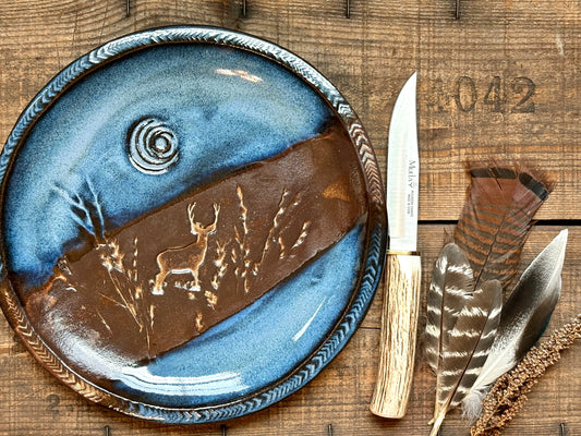 Rustic Wild Buck in Vermont Moonlight Dinner Plate ~ 10” ~ River Blue & Brown