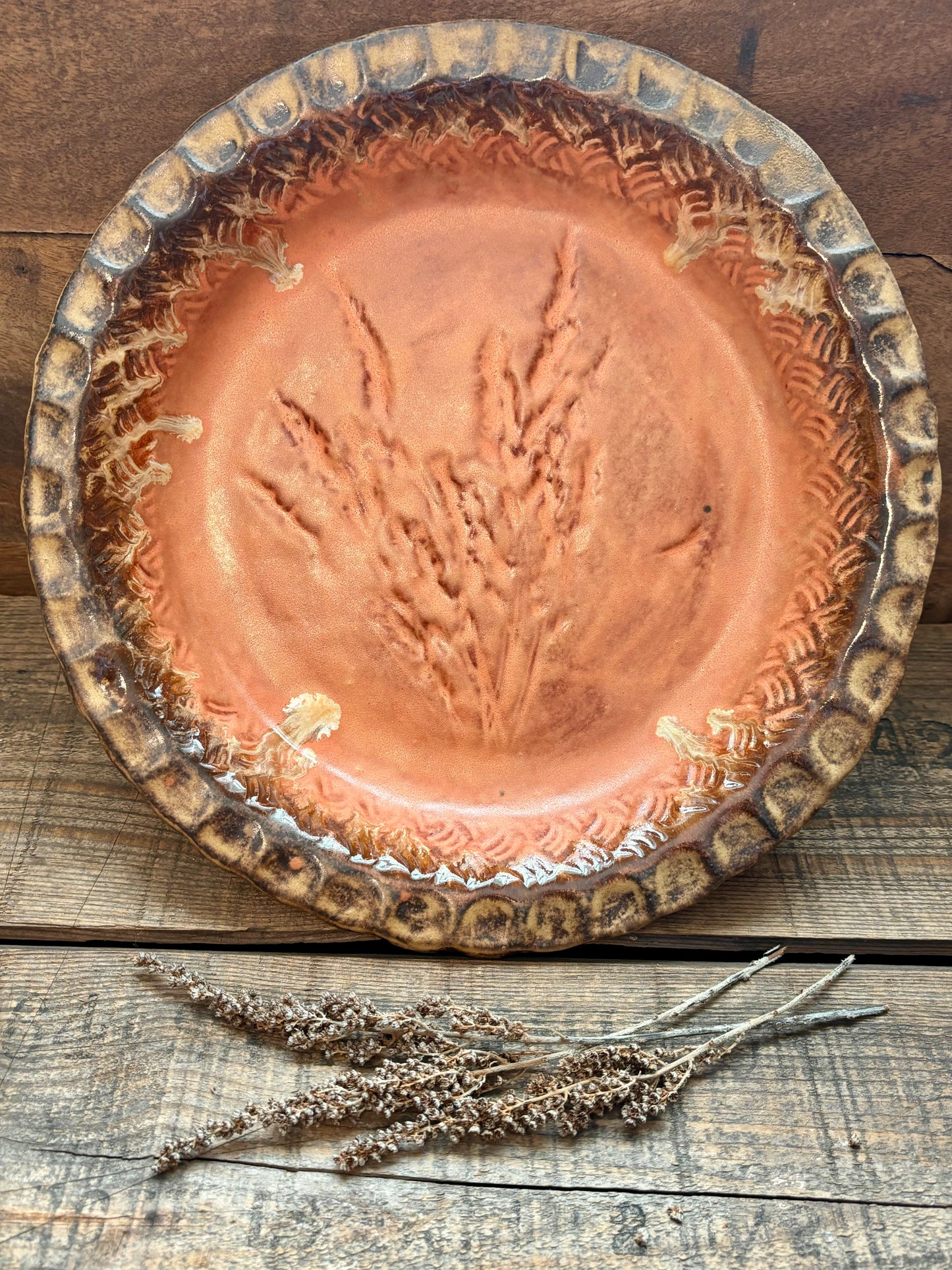 Rustic Wild Grasses & Basketweave Pie Dish ~ 10” ~ Coral, Gold & Brown Glaze