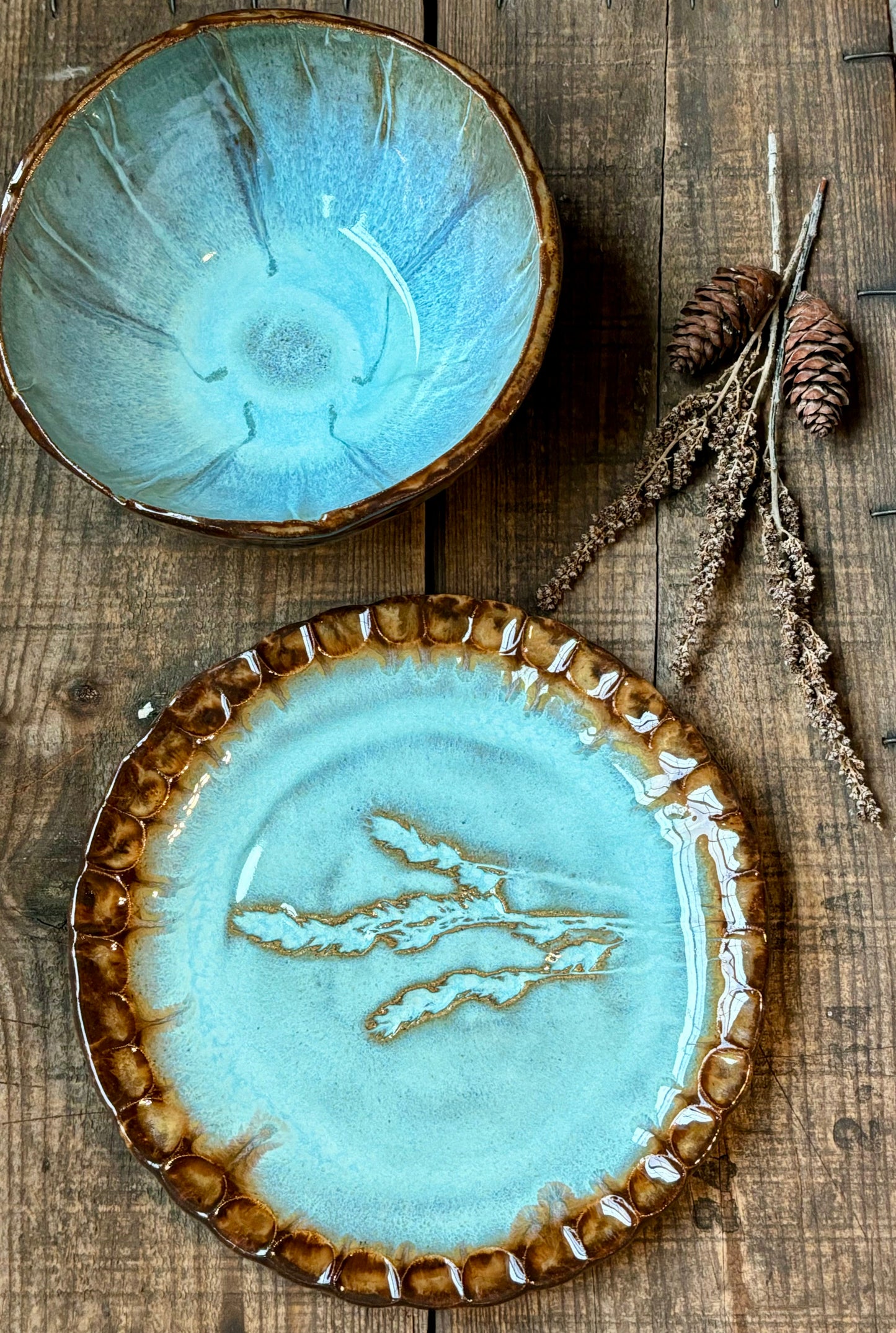 Rustic Wild Grasses Lunch Set ~ Sandwich Plate & Bowl ~ Turquoise & Brown Glaze