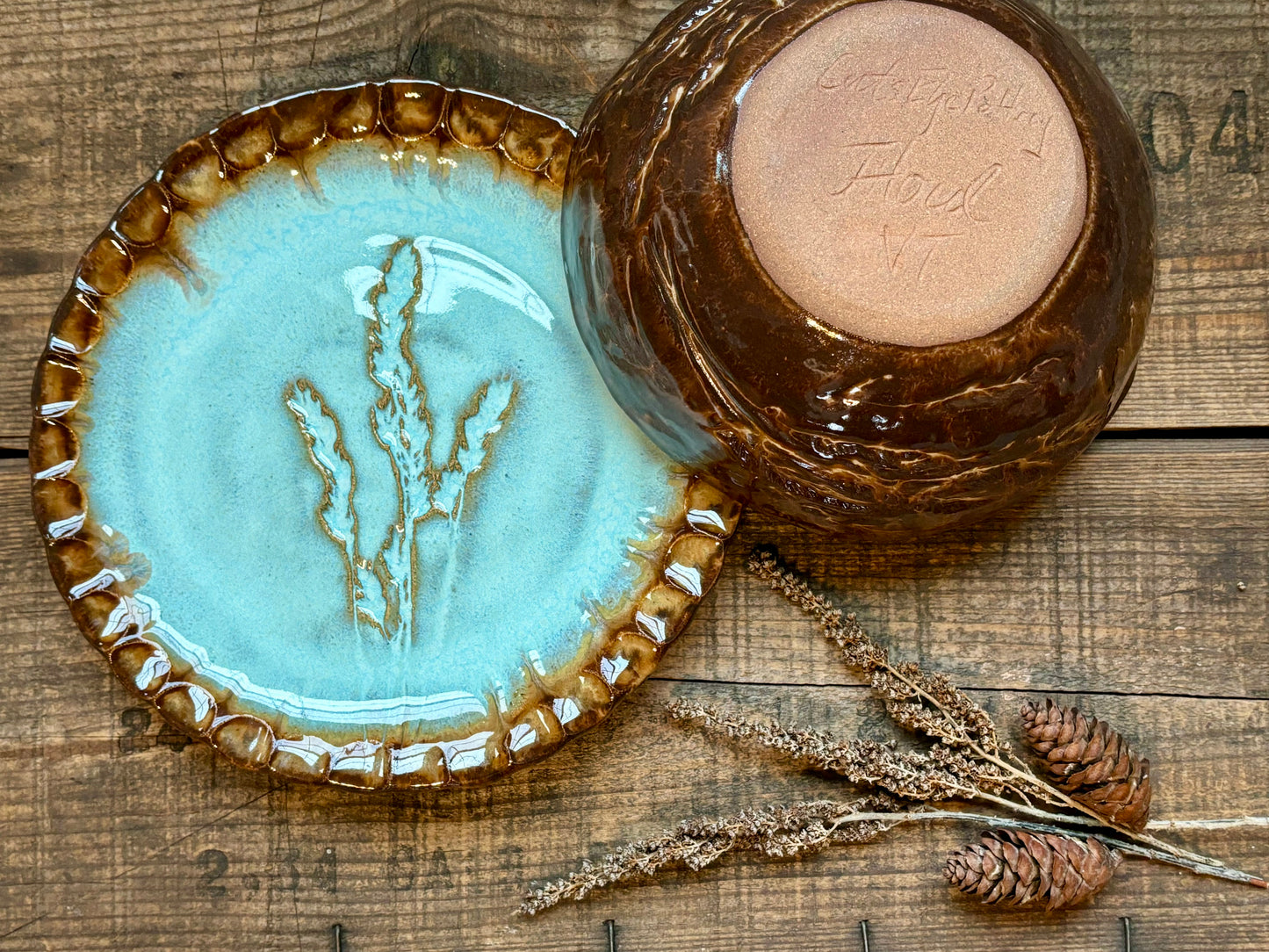 Rustic Wild Grasses Lunch Set ~ Sandwich Plate & Bowl ~ Turquoise & Brown Glaze