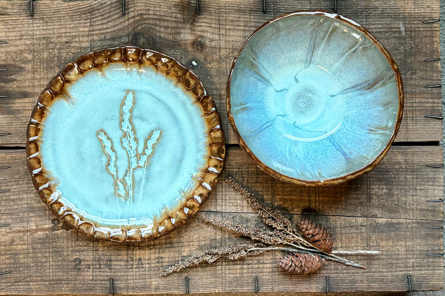 Rustic Wild Grasses Lunch Set ~ Sandwich Plate & Bowl ~ Turquoise & Brown Glaze