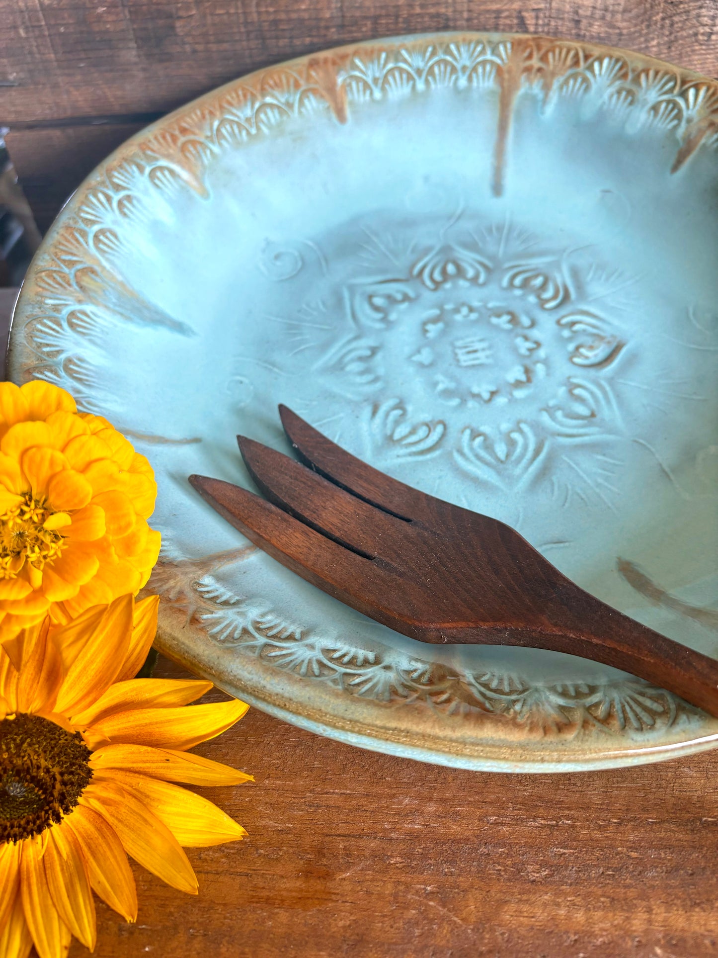 Rustic Native Mandala Serving Bowl ~ 12.5” Diameter ~ 2” Depth~ Turquoise & Brown