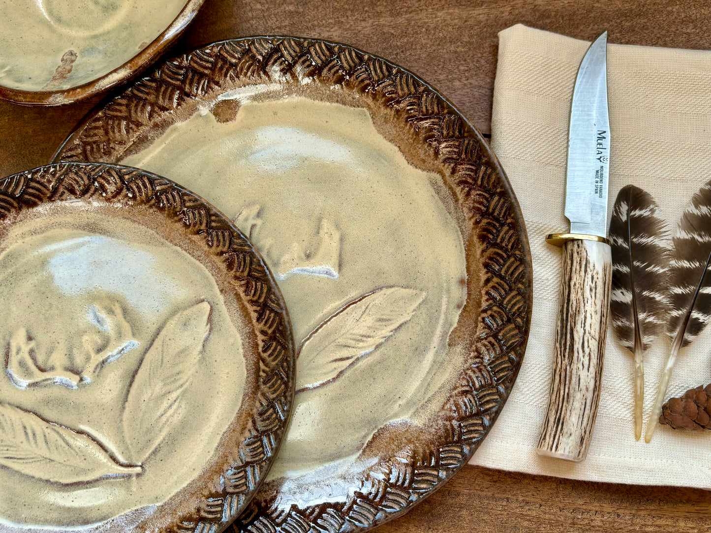 Rustic Antler & Feather Dinnerware ~ Dinner Plate/Lunch Plate/Bowl ~ Birch & Matte Brown