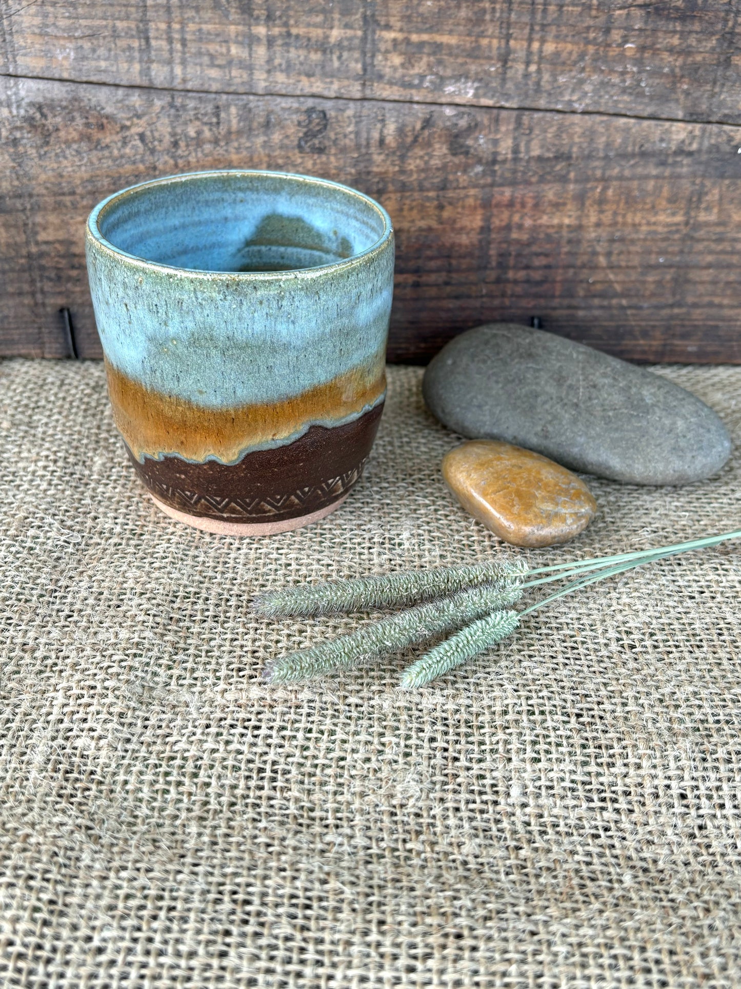 Rustic Arrowhead Tumbler ~ 5 oz~ Turquoise & Brown Glaze