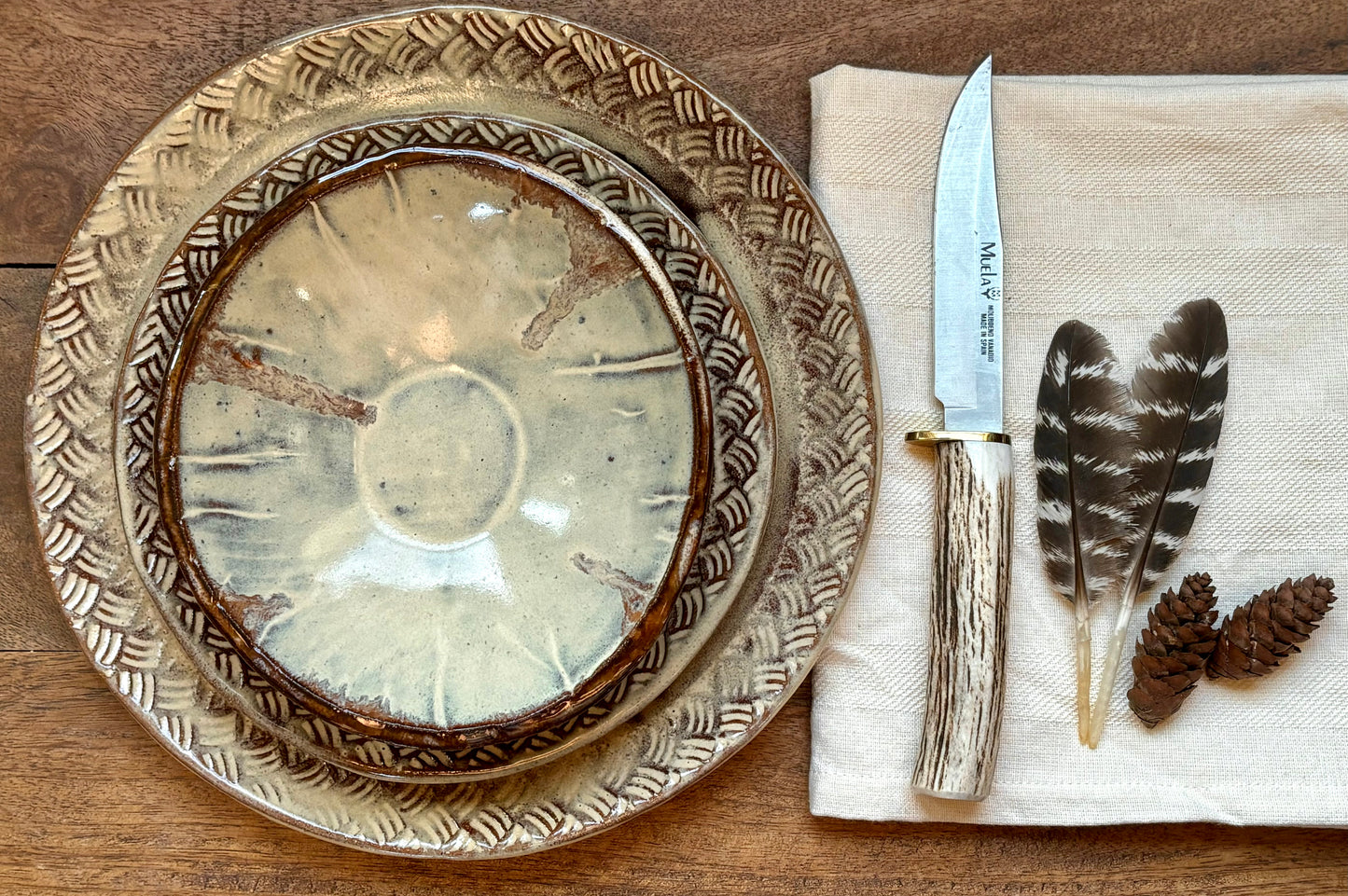 Rustic Antler & Feather Dinnerware ~ Dinner Plate/Lunch Plate/Bowl ~ Birch & Matte Brown