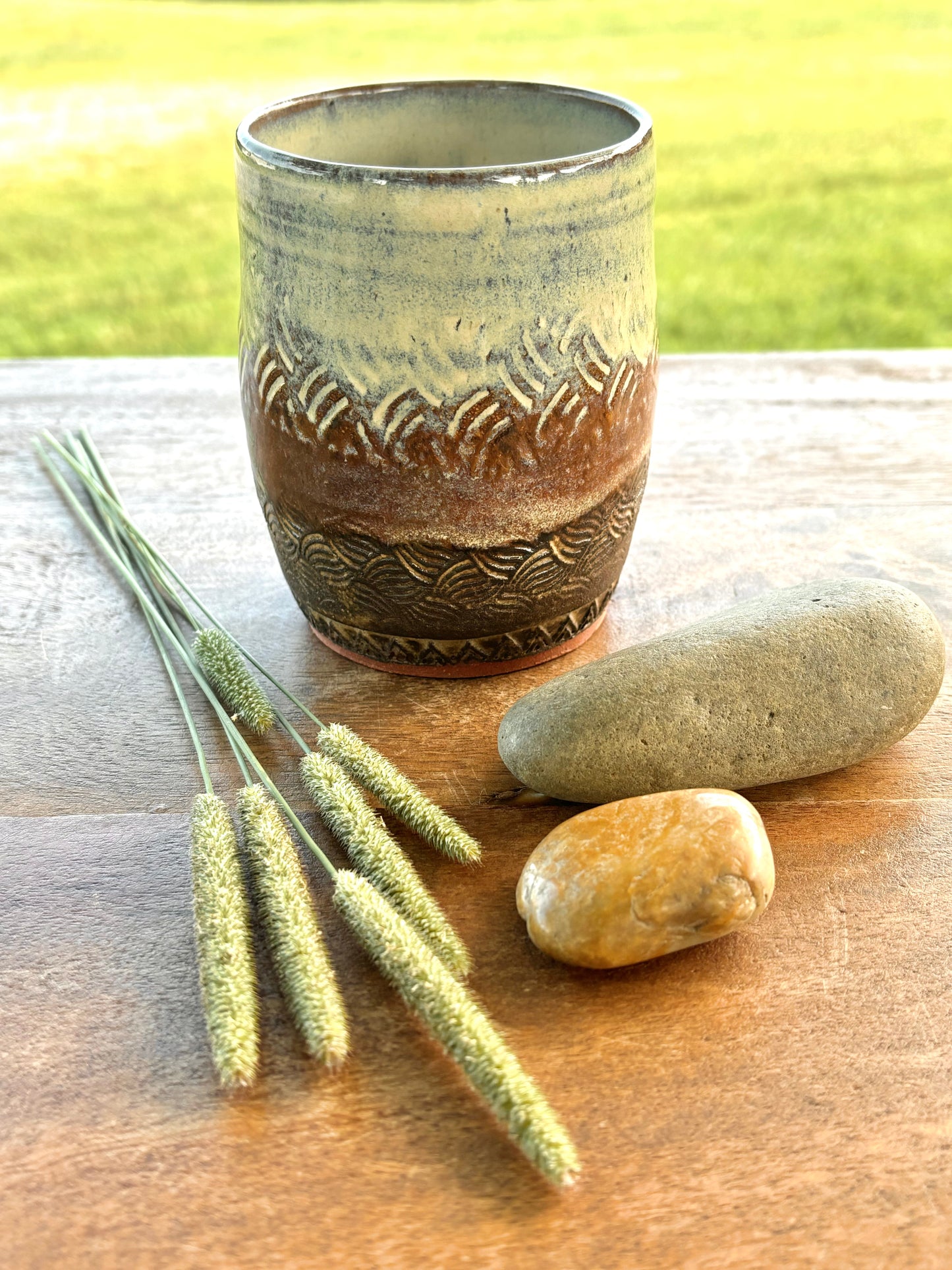 Rustic Basketweave Tumbler ~ 9 oz~ Birch & Brown Glaze