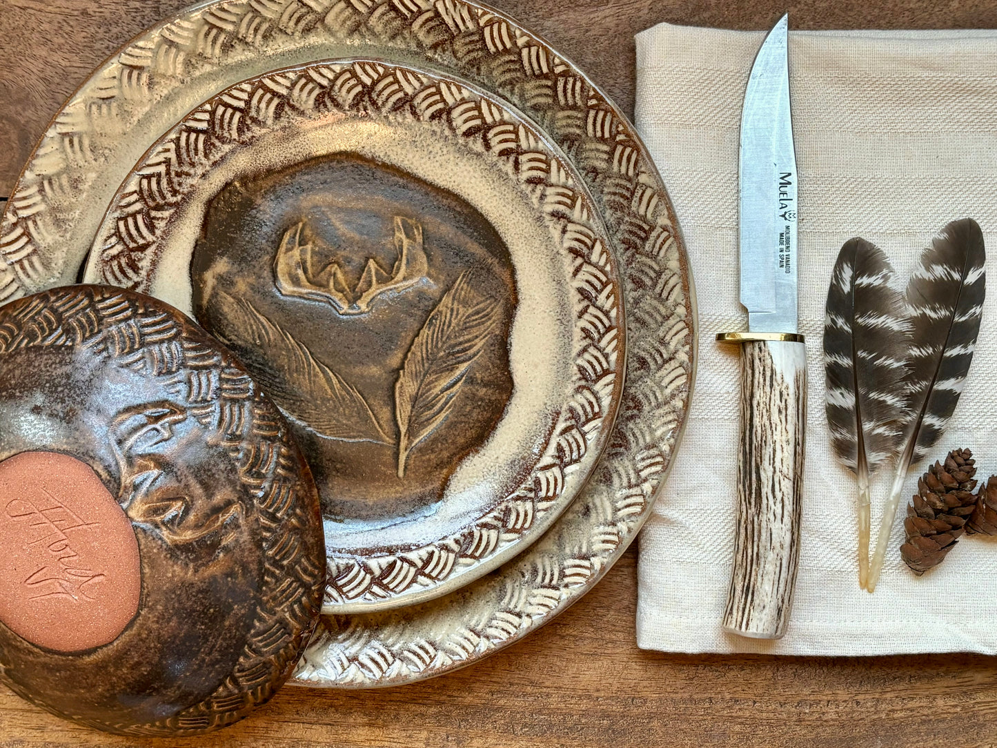 Rustic Antler & Feather Dinnerware ~ Dinner Plate/Lunch Plate/Bowl ~ Birch & Matte Brown