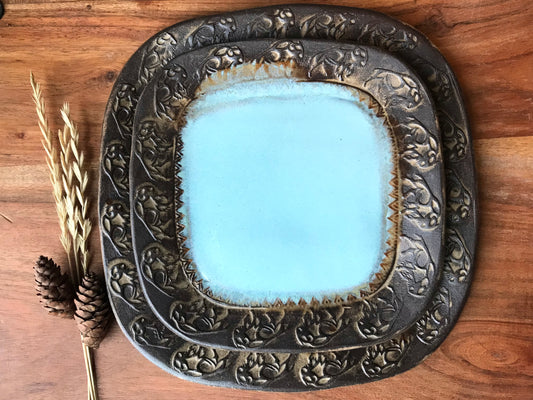 Rustic Wild Buffalo Square Dinner & Salad Plate Set ~ Turquoise & Brown Glaze