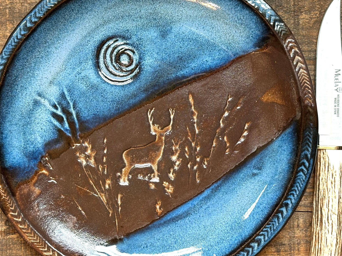 Rustic Wild Buck in Vermont Moonlight Dinner Plate ~ 10” ~ River Blue & Brown