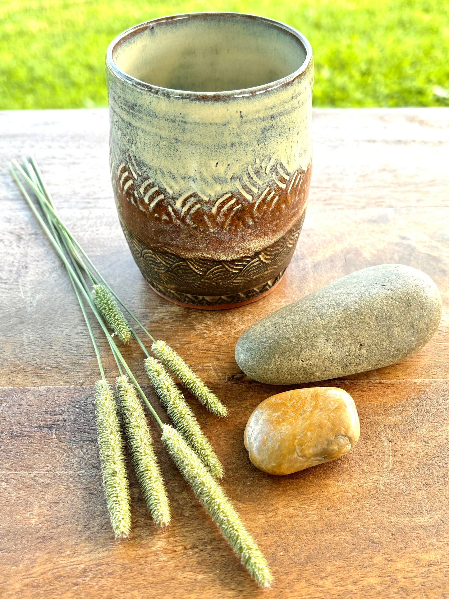 Rustic Basketweave Tumbler ~ 9 oz~ Birch & Brown Glaze