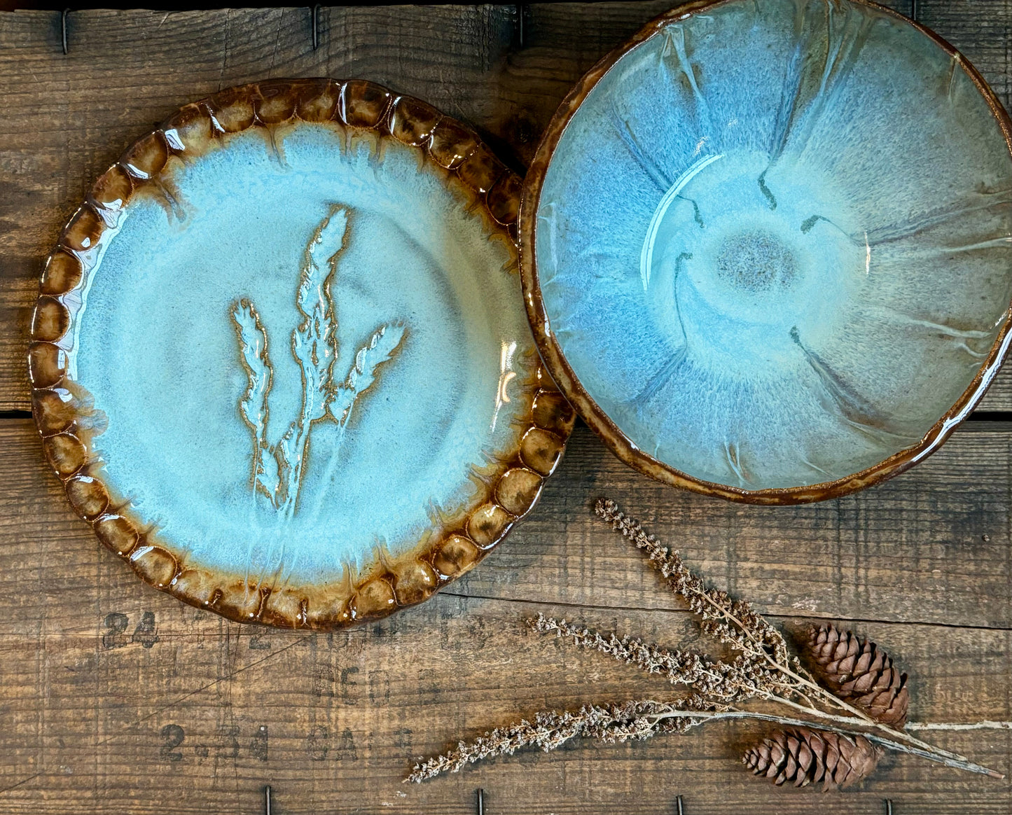 Rustic Wild Grasses Lunch Set ~ Sandwich Plate & Bowl ~ Turquoise & Brown Glaze