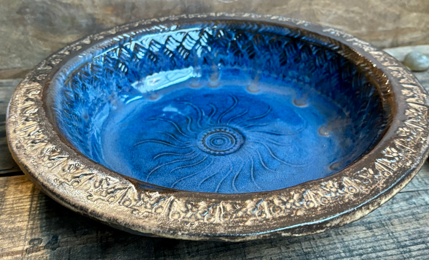 Rustic Sun & Thunderbird Serving & Baking Bowl ~ 12” Diameter ~ 2.5” Depth~ River Blue & Brown