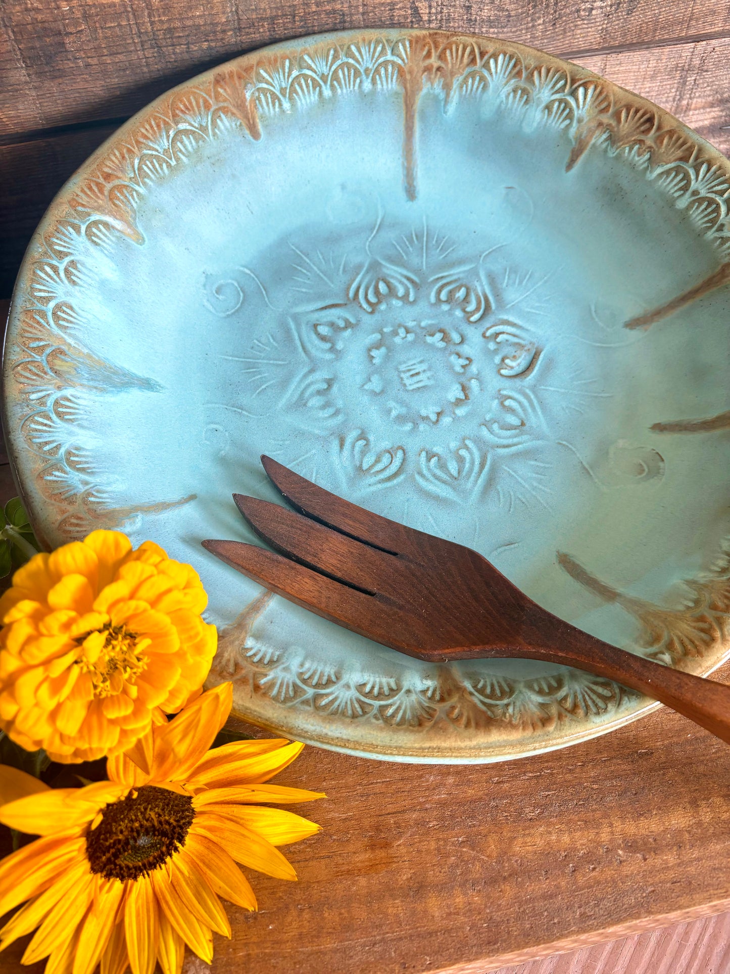 Rustic Native Mandala Serving Bowl ~ 12.5” Diameter ~ 2” Depth~ Turquoise & Brown