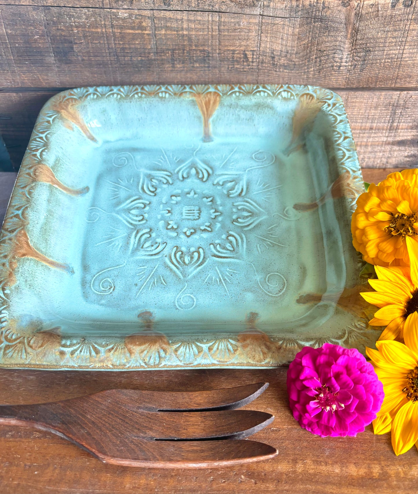 Rustic Square Native Mandala Meat Tray/ Serving Tray ~ 10” Square  ~ 1.25” Depth~ Turquoise & Brown