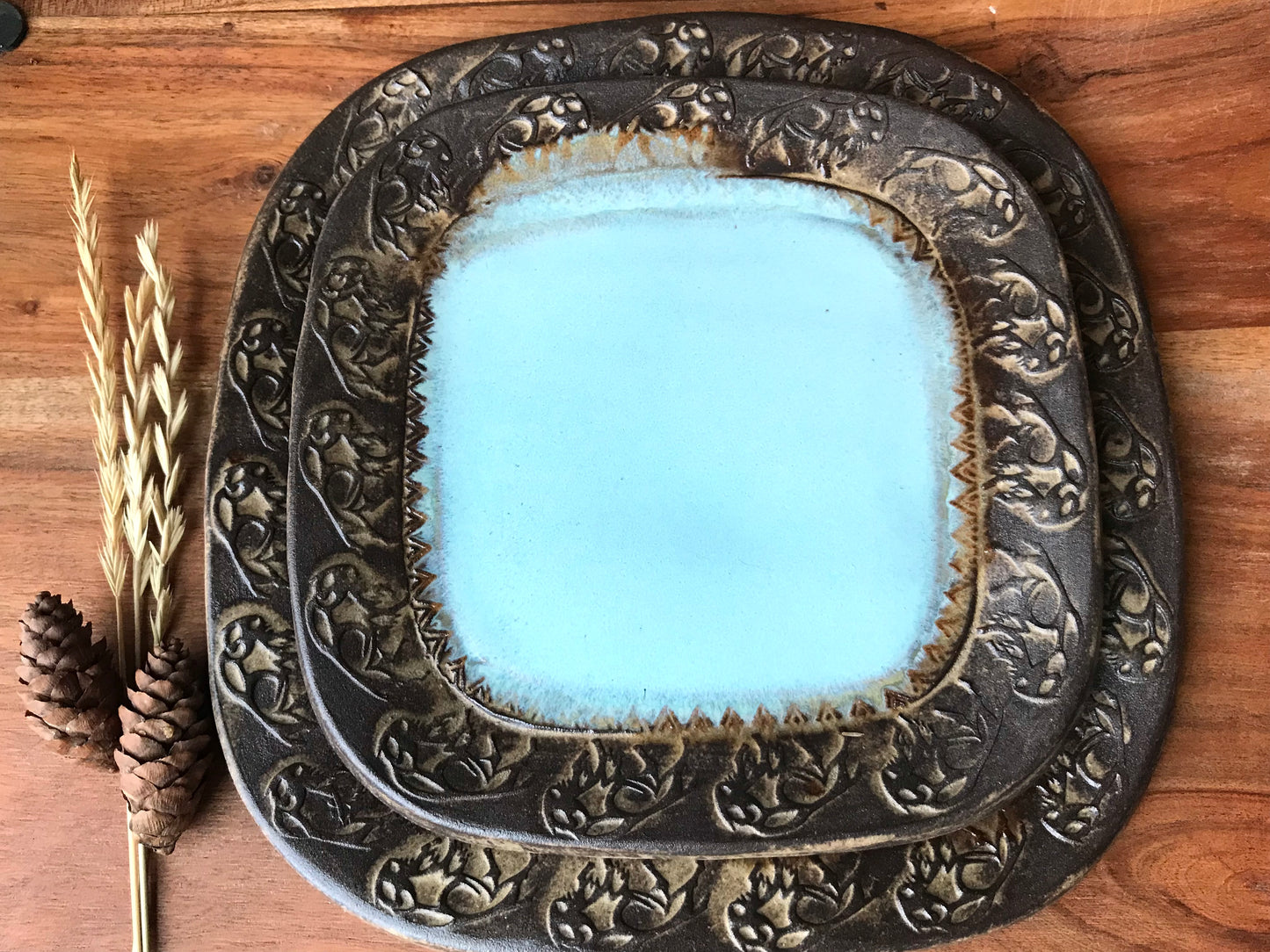 Rustic Wild Buffalo Square Dinner & Salad Plate Set ~ Turquoise & Brown Glaze