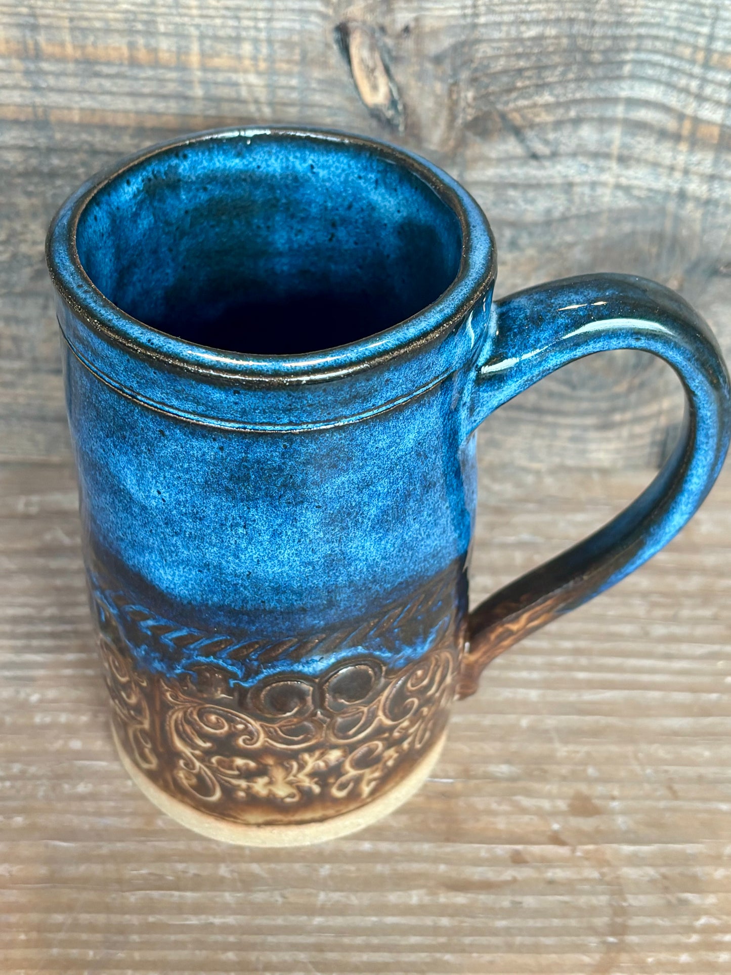 Rustic Floral Mug ~ 14 oz~ River Blue & Brown Glaze