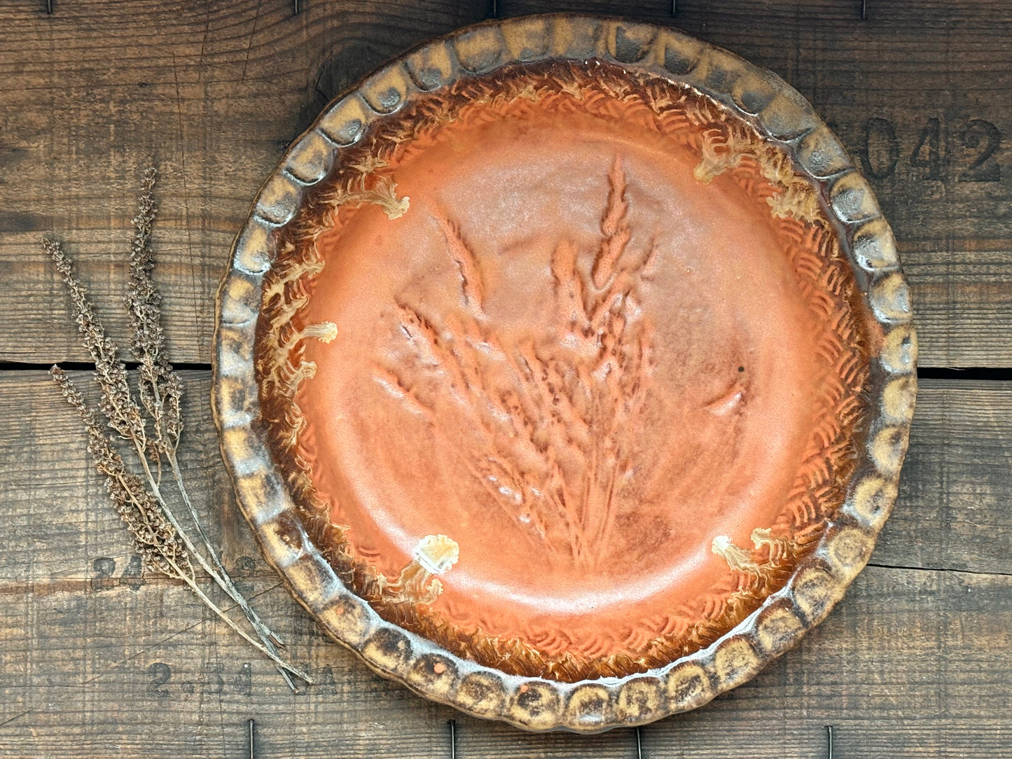 Rustic Wild Grasses & Basketweave Pie Dish ~ 10” ~ Coral, Gold & Brown Glaze