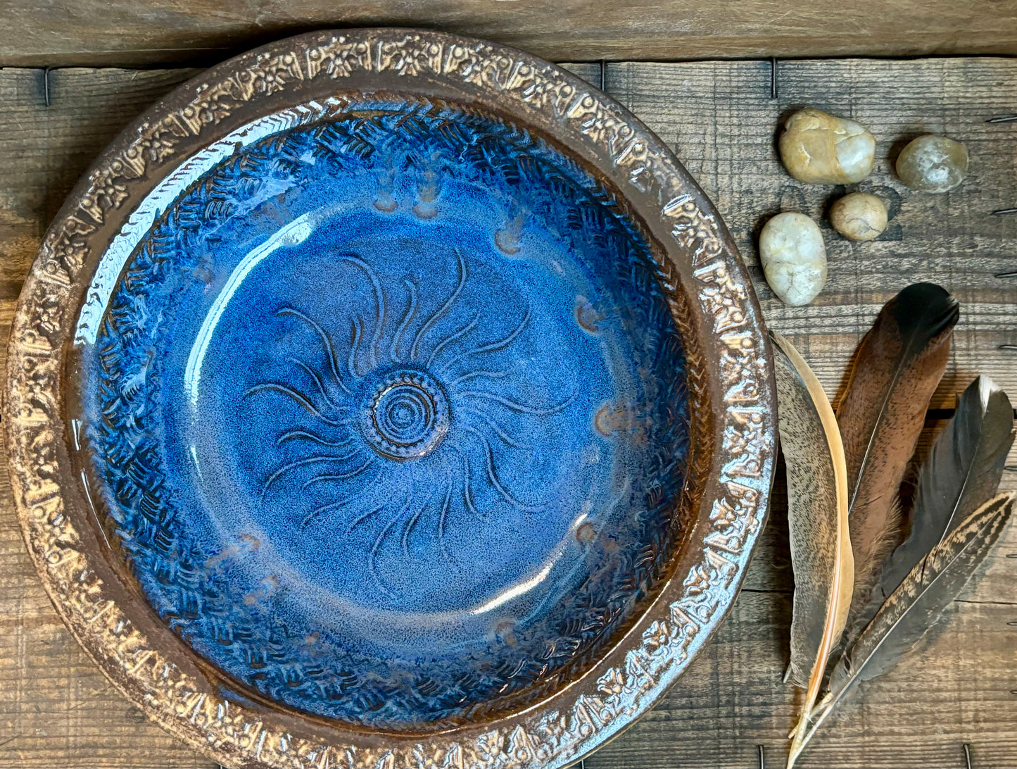 Rustic Sun & Thunderbird Serving & Baking Bowl ~ 12” Diameter ~ 2.5” Depth~ River Blue & Brown