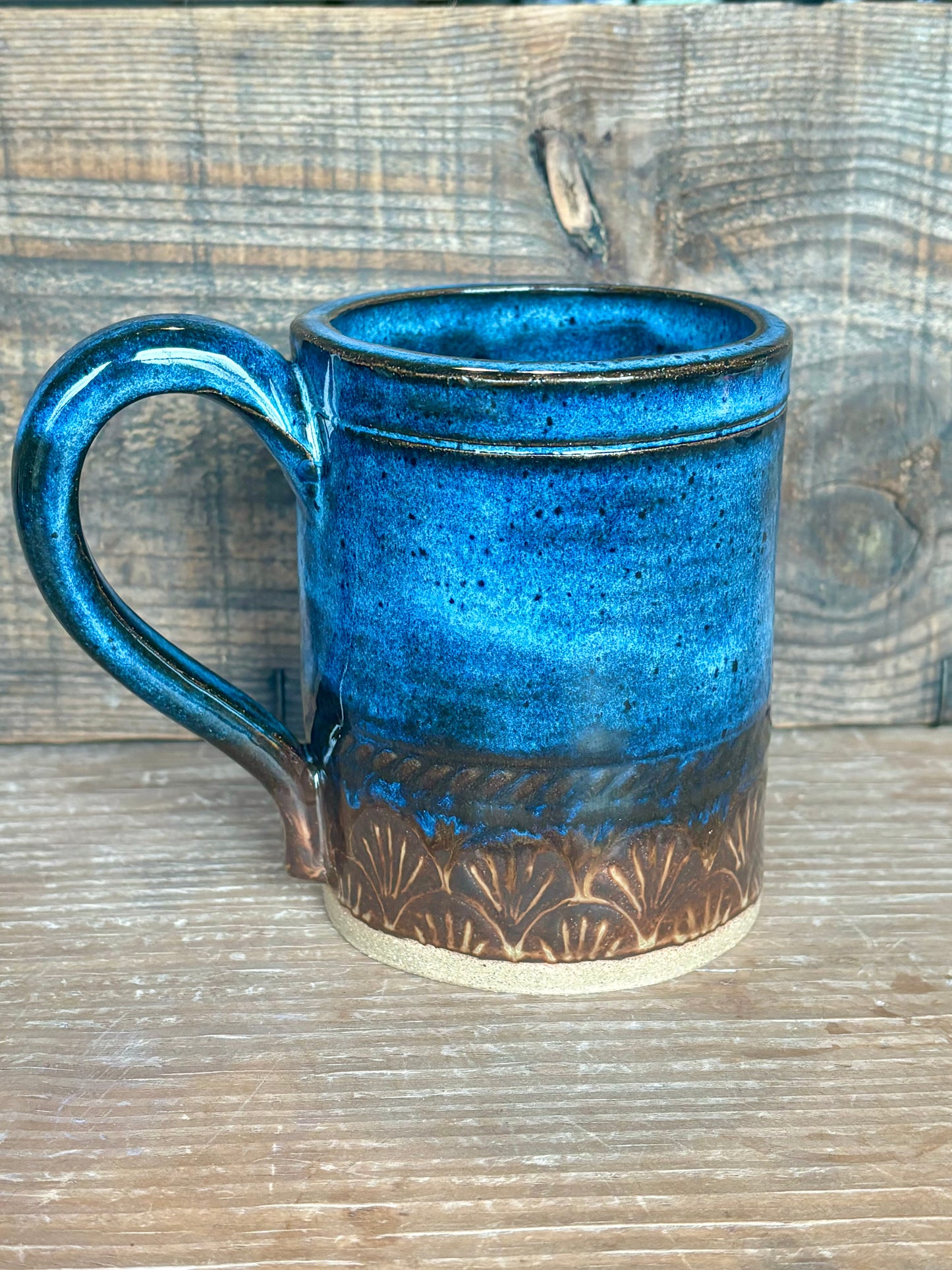 Rustic Basketweave Mug ~ 10 oz~ River Blue & Brown Glaze