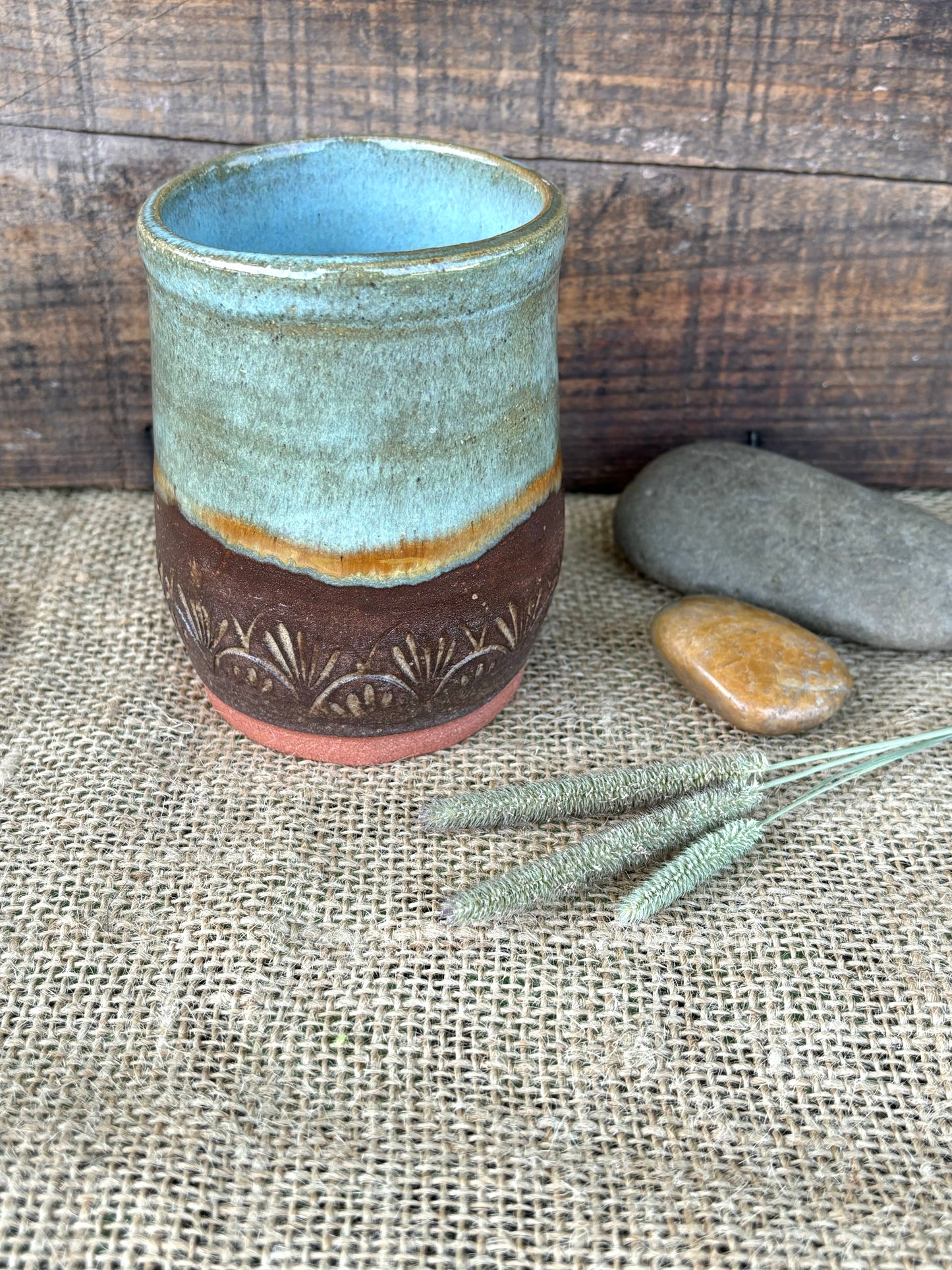 Rustic Arch Basketweave Tumbler ~ 8 oz~ Turquoise & Brown Glaze