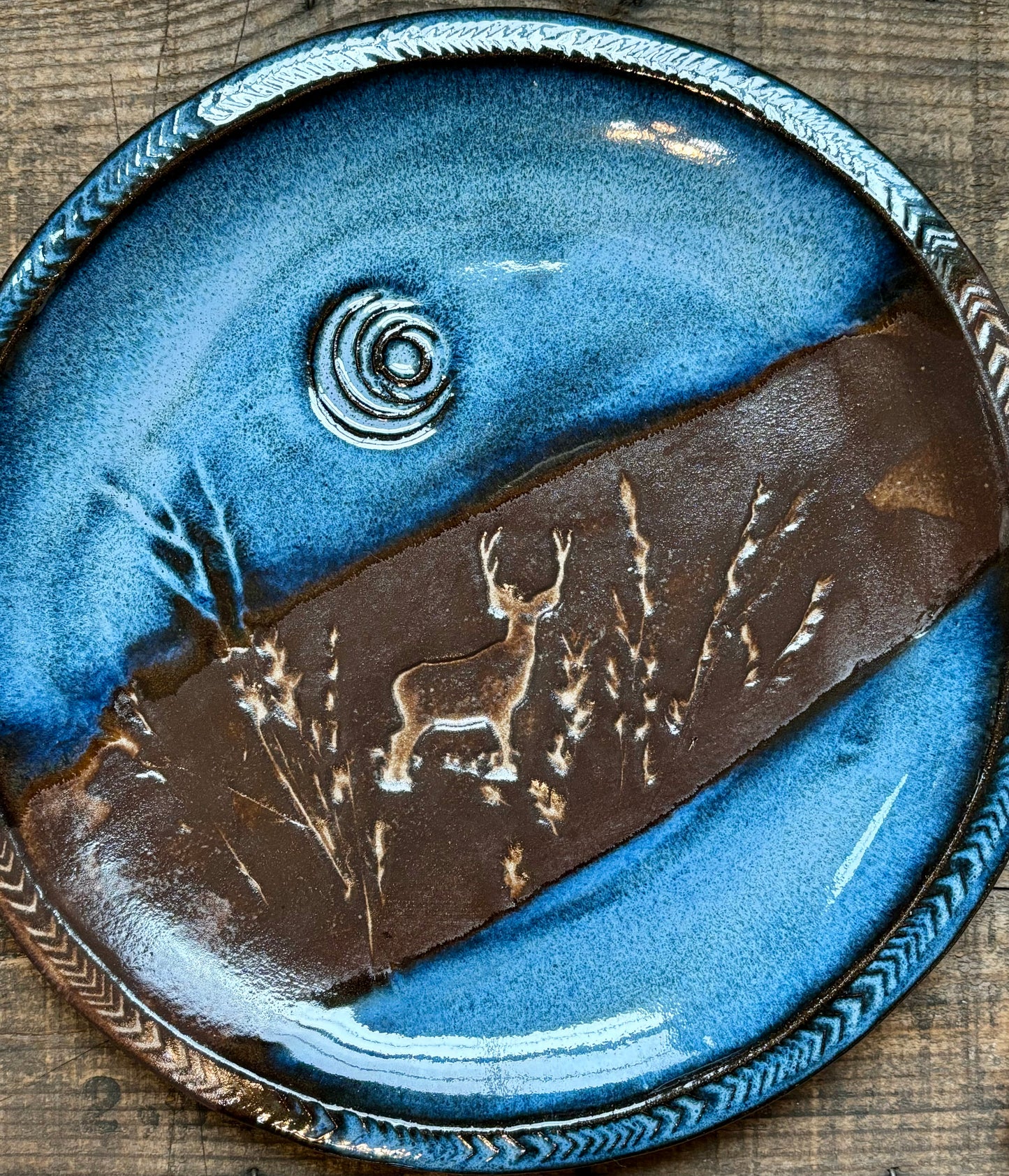 Rustic Wild Buck in Vermont Moonlight Dinner Plate ~ 10” ~ River Blue & Brown