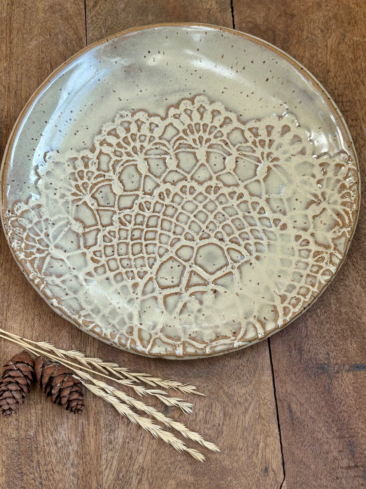 Rustic Antique Doily Dinner Plate ~ 10” ~ Light Birch Brown Glaze