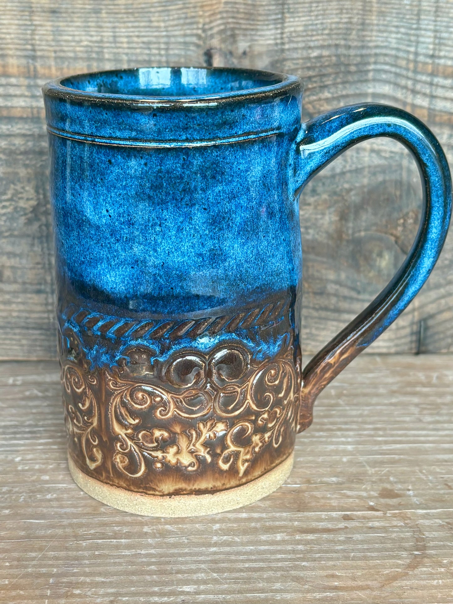 Rustic Floral Mug ~ 14 oz~ River Blue & Brown Glaze