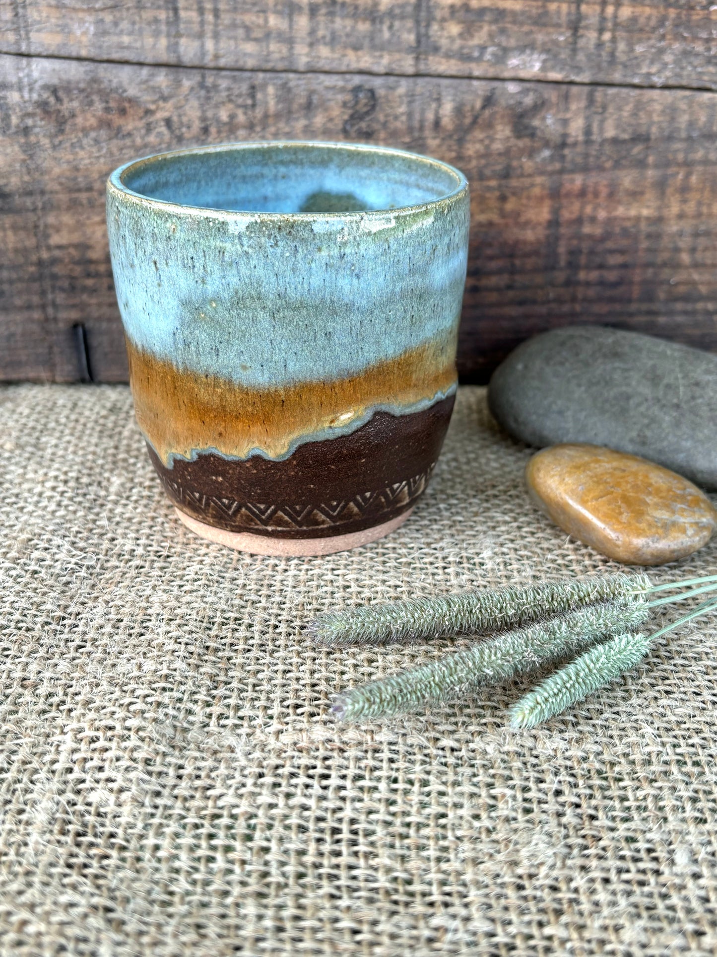 Rustic Arrowhead Tumbler ~ 5 oz~ Turquoise & Brown Glaze