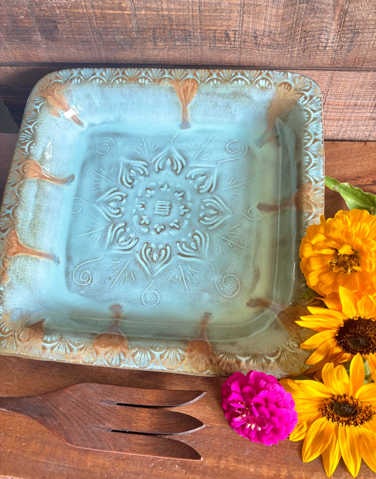 Rustic Square Native Mandala Meat Tray/ Serving Tray ~ 10” Square  ~ 1.25” Depth~ Turquoise & Brown