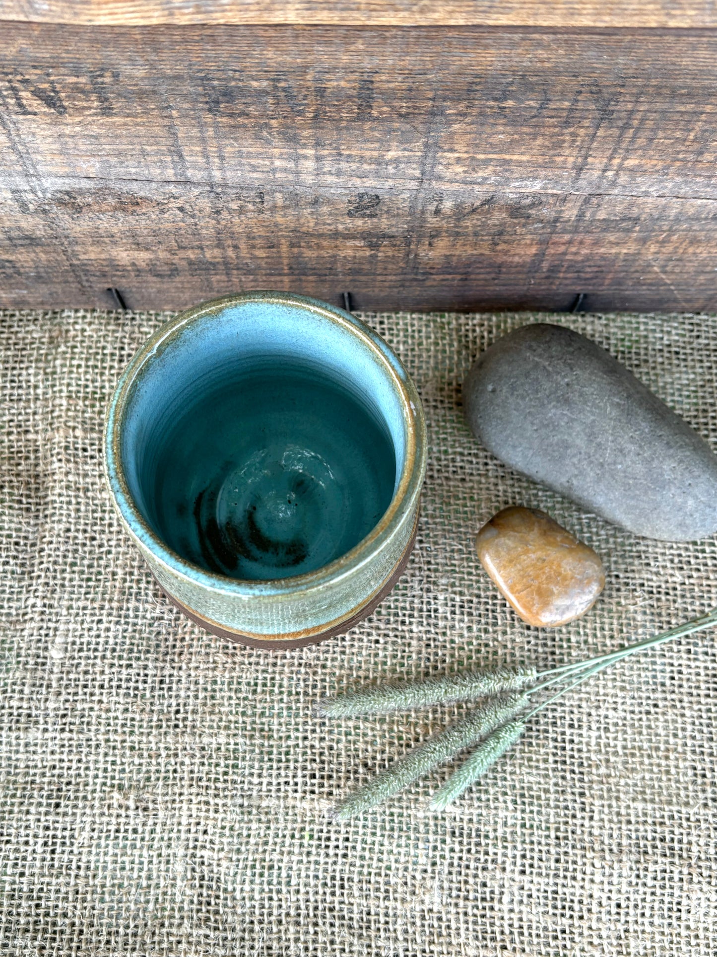 Rustic Arch Basketweave Tumbler ~ 8 oz~ Turquoise & Brown Glaze