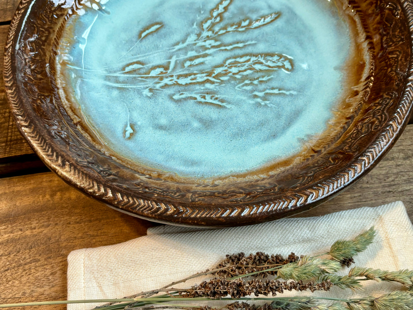 Rustic Wild Mustang & Grasses Serving & Baking Bowl ~ 12.5” Diameter ~ 1.75” Depth~ Turquoise & Brown