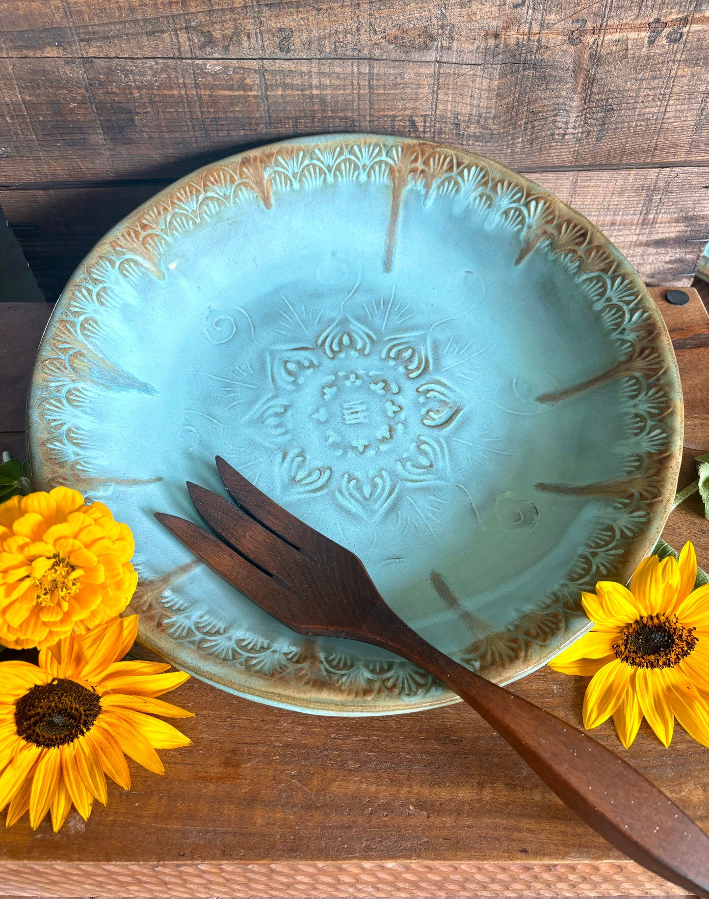 Rustic Native Mandala Serving Bowl ~ 12.5” Diameter ~ 2” Depth~ Turquoise & Brown