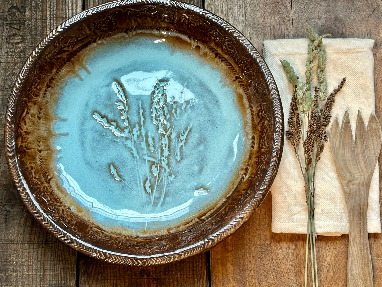 Rustic Wild Mustang & Grasses Serving & Baking Bowl ~ 12.5” Diameter ~ 1.75” Depth~ Turquoise & Brown