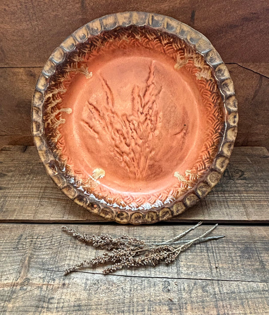 Rustic Wild Grasses & Basketweave Pie Dish ~ 10” ~ Coral, Gold & Brown Glaze